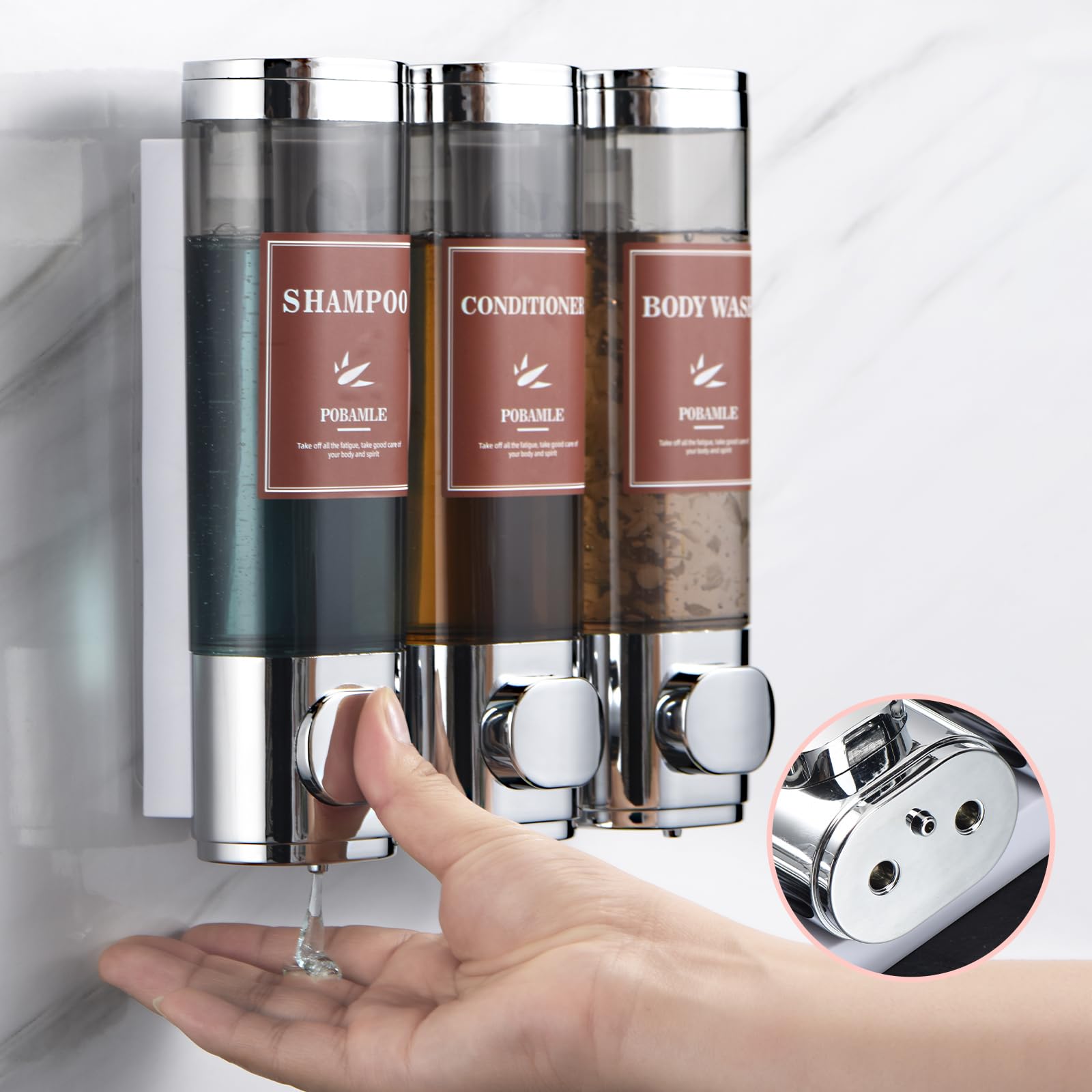 Shampoo and Conditioner Dispenser Wall Mounted Shower Soap Dispenser No Drill Shampoo Dispenser for Shower 3 Chamber Bathroom Body Wash Shower Gel Holder Chrome - Image 4