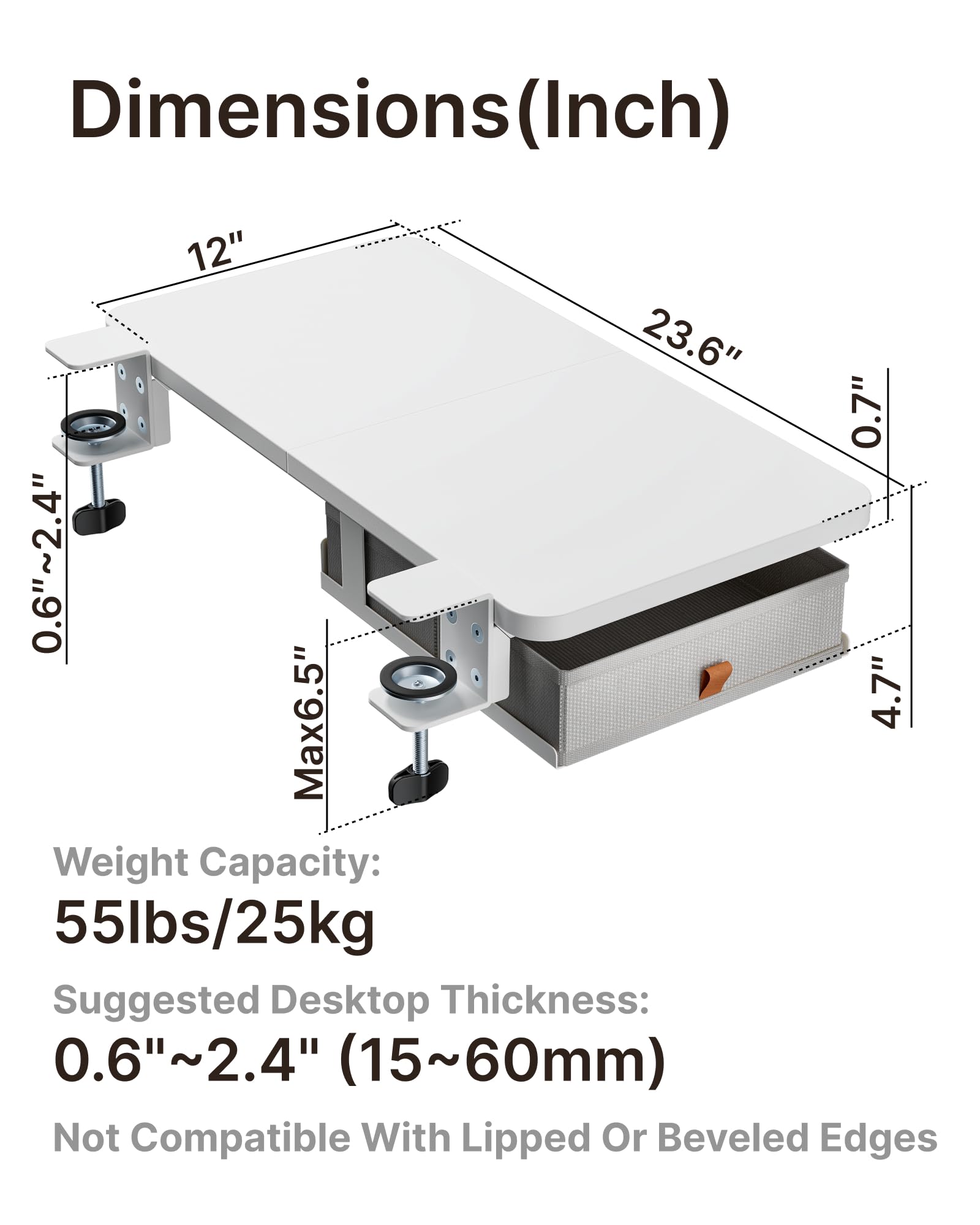 PEGZONE Extender da scrivania con cassetti, 600 x 300 mm, estensione ergonomica per scrivania, ripiano per tastiera, braccioli, adatto per casa e ufficio, bianco