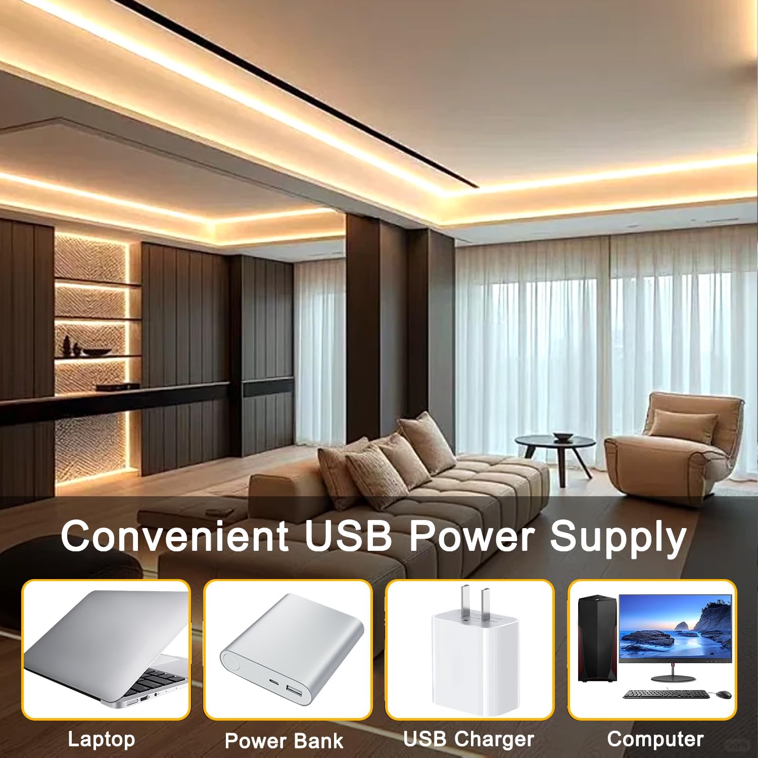 COB LED Strip Lights 6.6FT,3000K 5V USB Powered Dimmable Warm White Flexible Light Strip TV LED Backlights，8mm Width LED Rope Lights with App Control for Living Room,Kitchen，Shelf, Cabinet