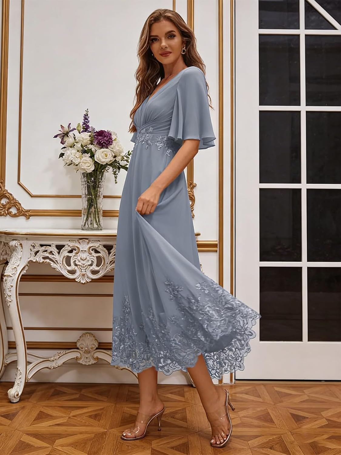 Mother of the Bride Dresses for Women - Tea Length Lace Beaded Formal Evening Dress with Sleeves