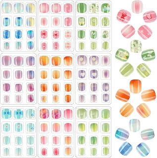 Fake Press on Nails for Kids, 108pcs Acrylic Full Cover False Press on Nails Girls Stick on Nails for Kids Christmas Party Favors Gift Nail Art Decoration (9 Pack Gradient Style)