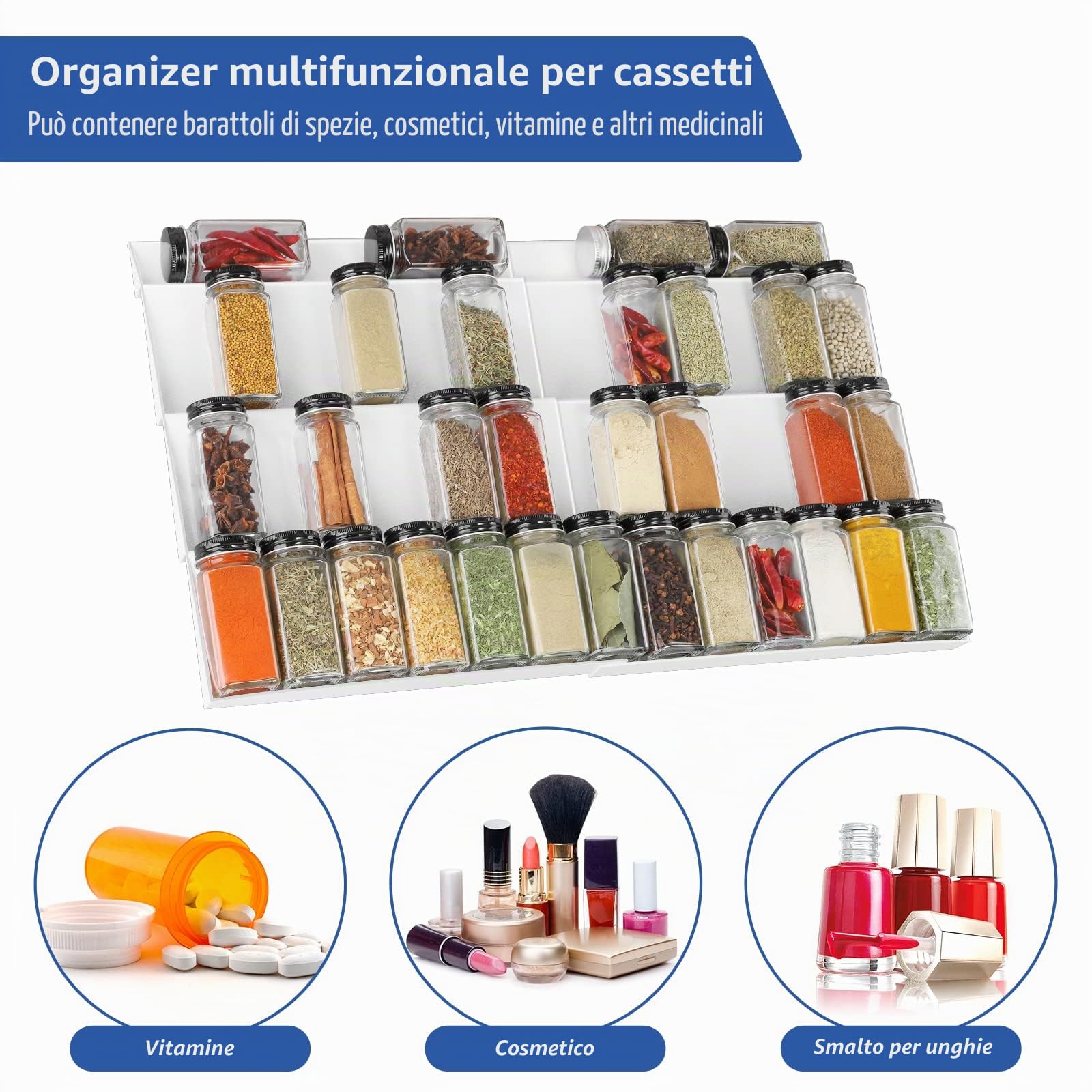 Portaspezie per cassetti, estensibile da 30cm a 60cm portaspezie per cucina, cassetto per spezie a quattro livelli, inserto per spezie organizer per diverse larghezze di cassetti - bianco