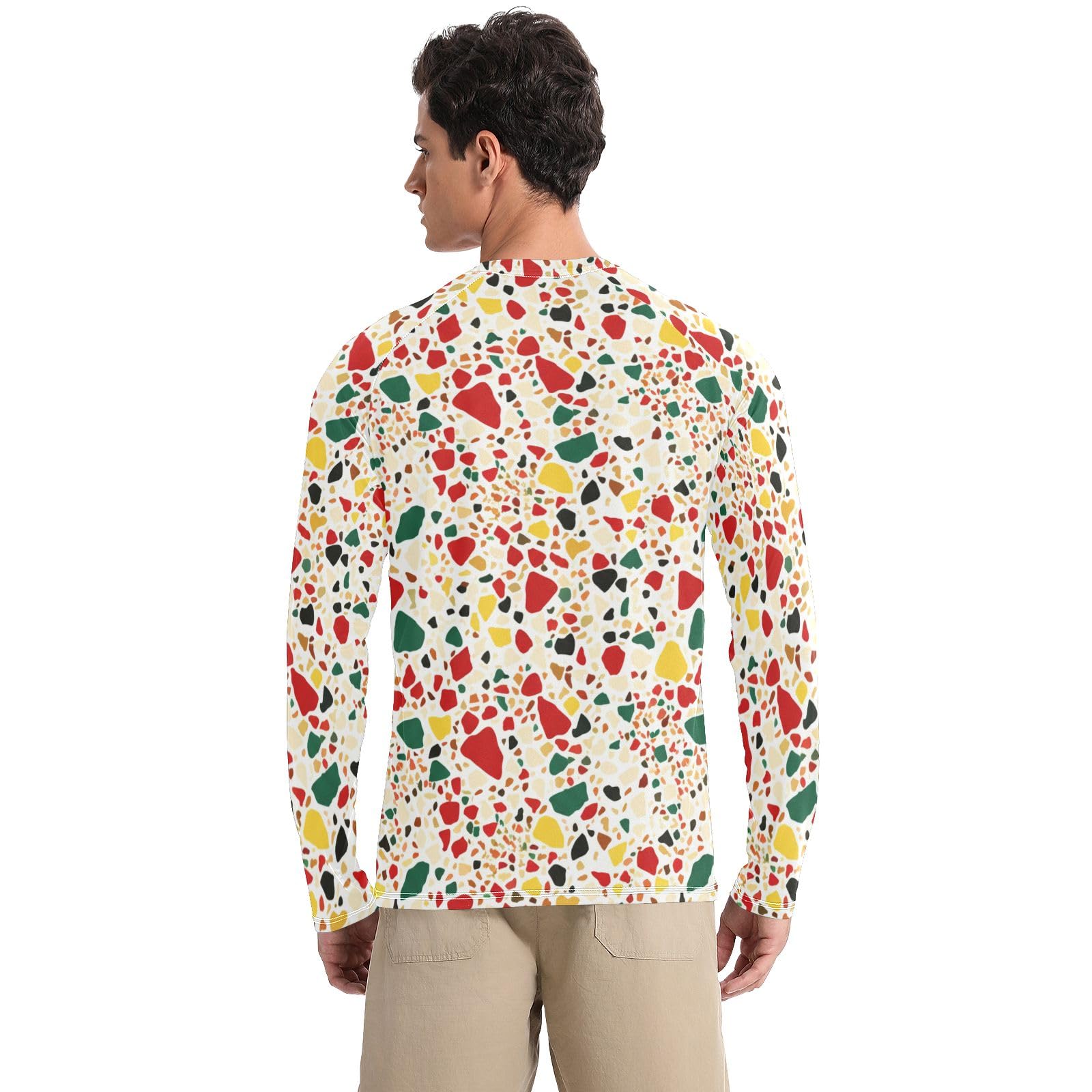 Mens UPF 50+ UV Sun Protection Rash Guard Men Quick Dry Men Rash Guard Long Sleeve Swim Shirts, Colorful Terrazzo Stones Beige, Small