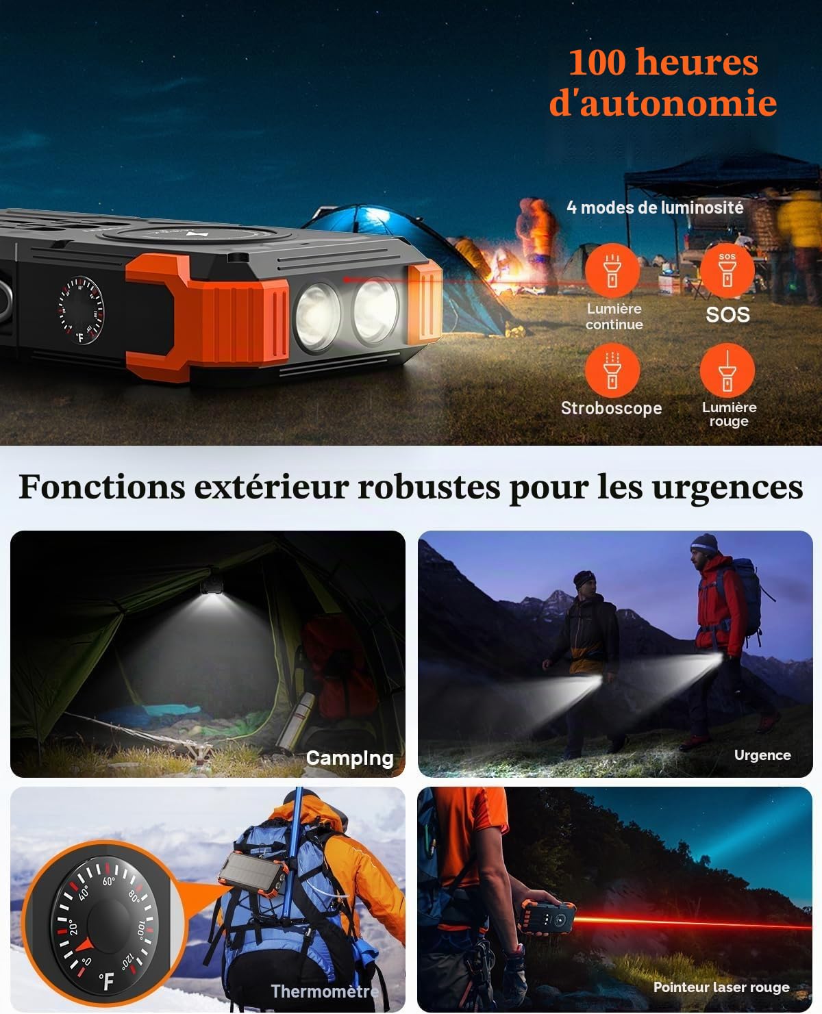 Power Bank Solaire 26800mAh - Chargeur Portable avec 4 Câbles Intégrés, USB-C Rapide, Charge sans Fil, LED Torche, pour Téléphones, Tablettes & Camping