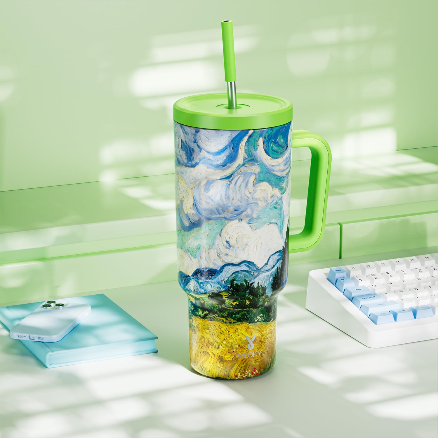 Meoky Vaso de 40 onzas con asa y popote: vaso aislado de acero inoxidable con tapa y pajita, vaso 100% a prueba de fugas para portavasos de coche, viajeros, trabajadores de viaje, ciprés