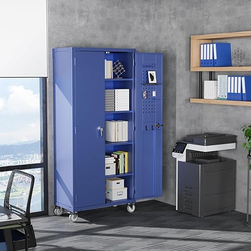 Miniatura 2 de VINGLI Armario de almacenamiento alto de metal con puertas de bloqueo y 4 estantes ajustables, armario de almacenamiento móvil azul marino con