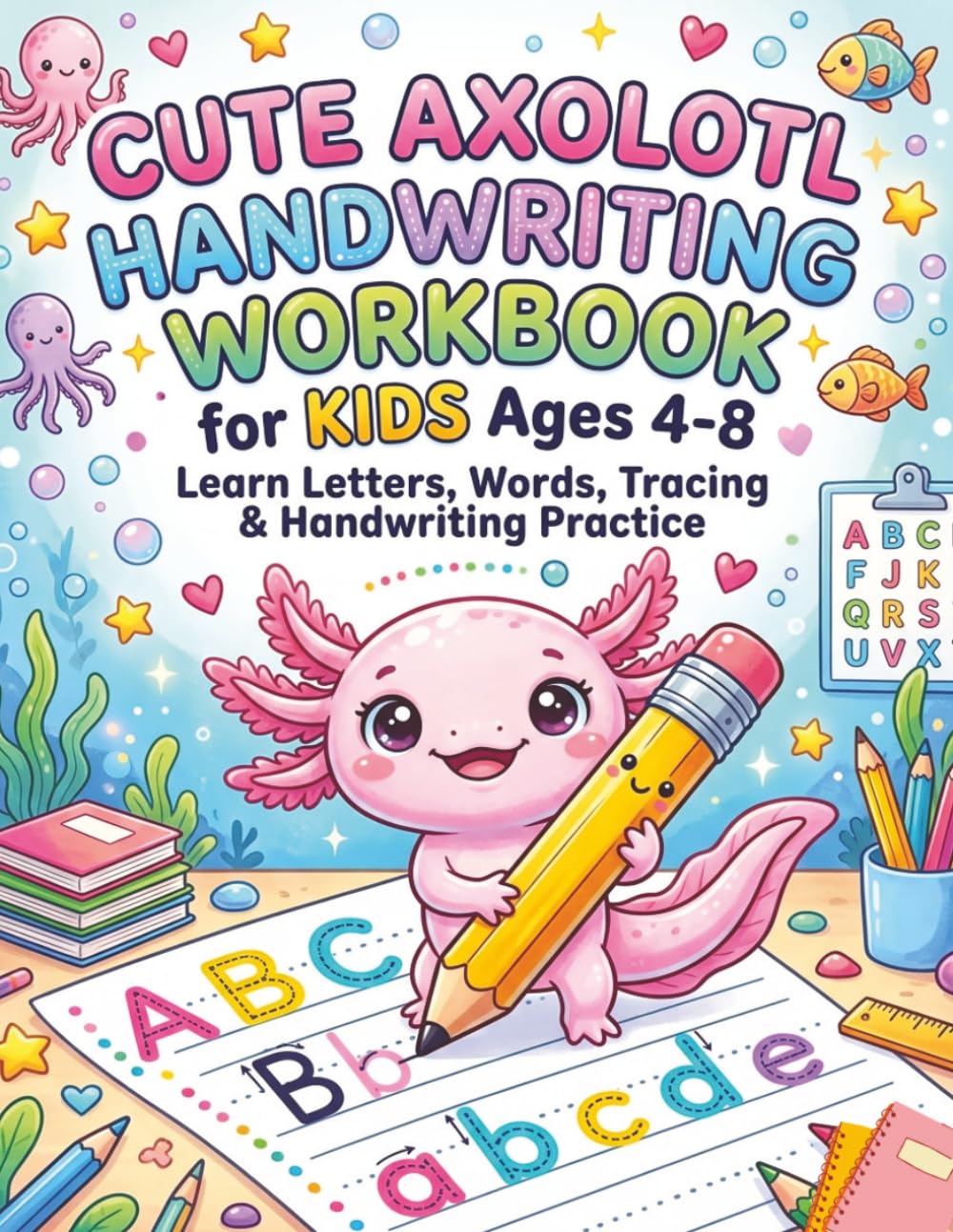 Cute Axolotl Handwriting Workbook for Kids Ages 4-8: Learn Letters, Words, Tracing and Writing Practice