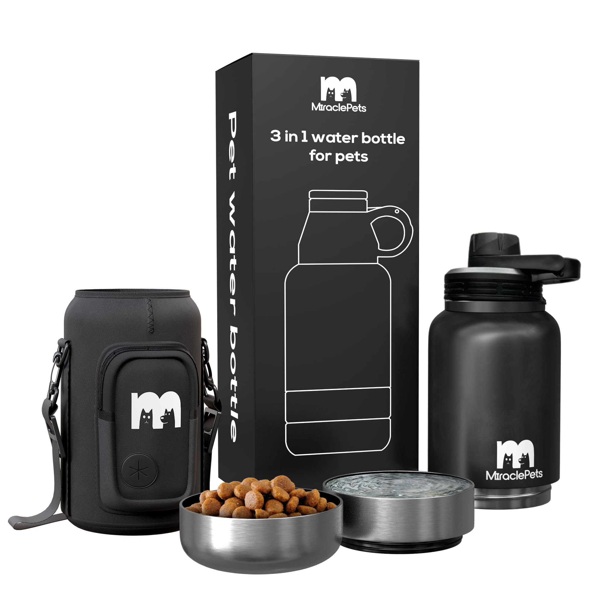 Miracle Pets Botella de Agua para Perros - Bebedero Perro Portatil Incluye Comedero - Botella Termica 1 Litro -Cantimplora Acero Inoxidable - Doble Aislamiento (Negro + Funda) Nueva Modelo Tapón