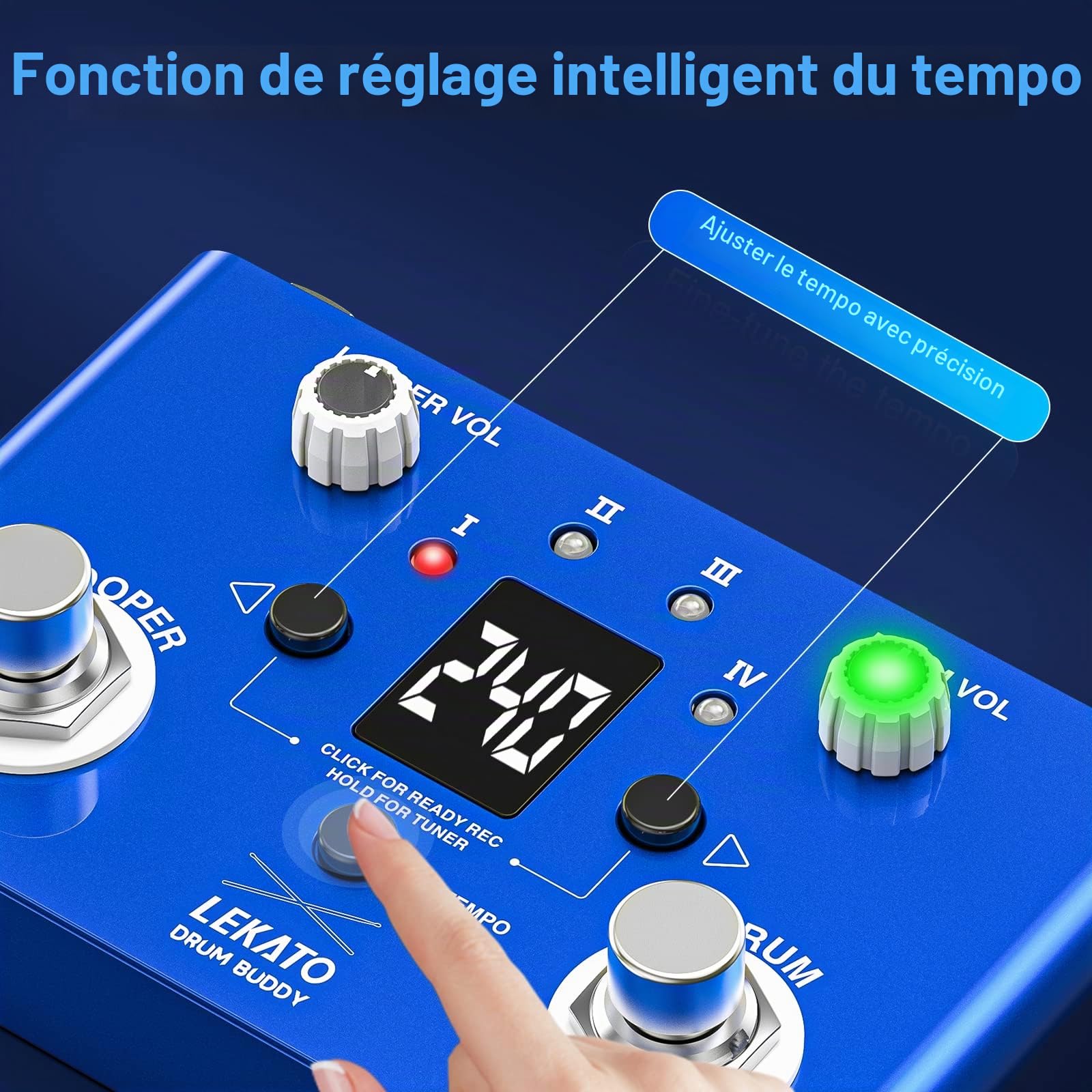 LEKATO Pédale de Boucle de Batterie avec Accordeur, 4 Boucles 11 Minutes Pédale de Boucle avec Boîte à Rythme 30 Batteries avec App pour Guitare Électrique et Basse, Tap Tempo