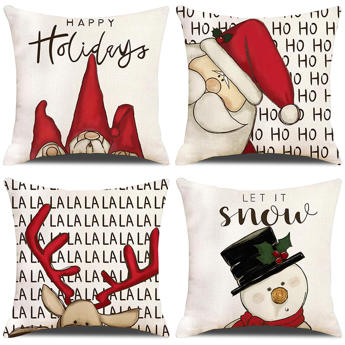 ZHAOMIMI Set di 4 Cuscini Divano cuscini natalizi Alce cappello Cotone Biancheria Decorativo cuscini natale 45x45 cm
