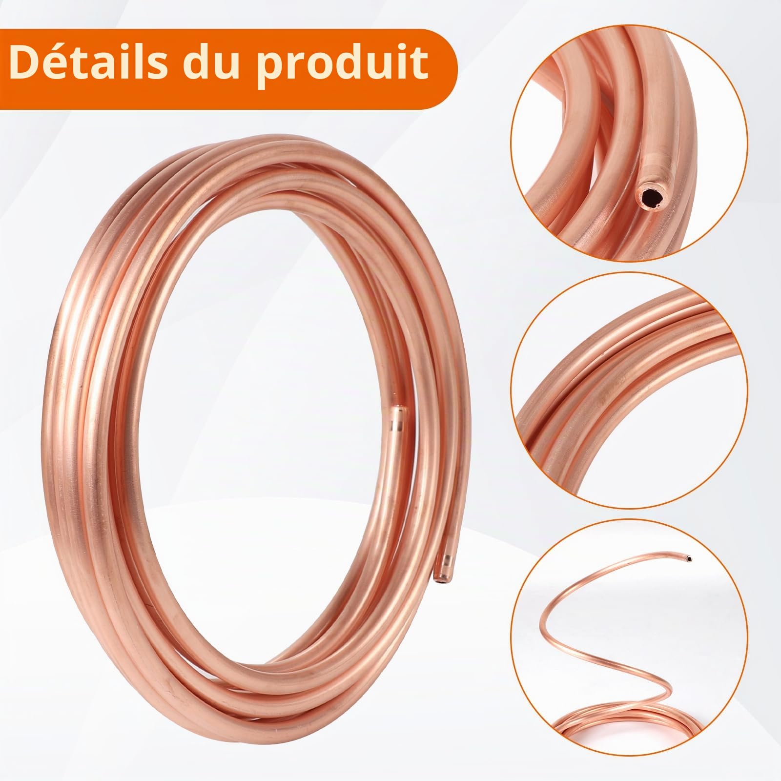 Tube rond en cuivre souple - Longueur : 5 m - Diamètre : 8 mm - Épaisseur : 1 mm - Pour générateurs, rails, appareils de commutation