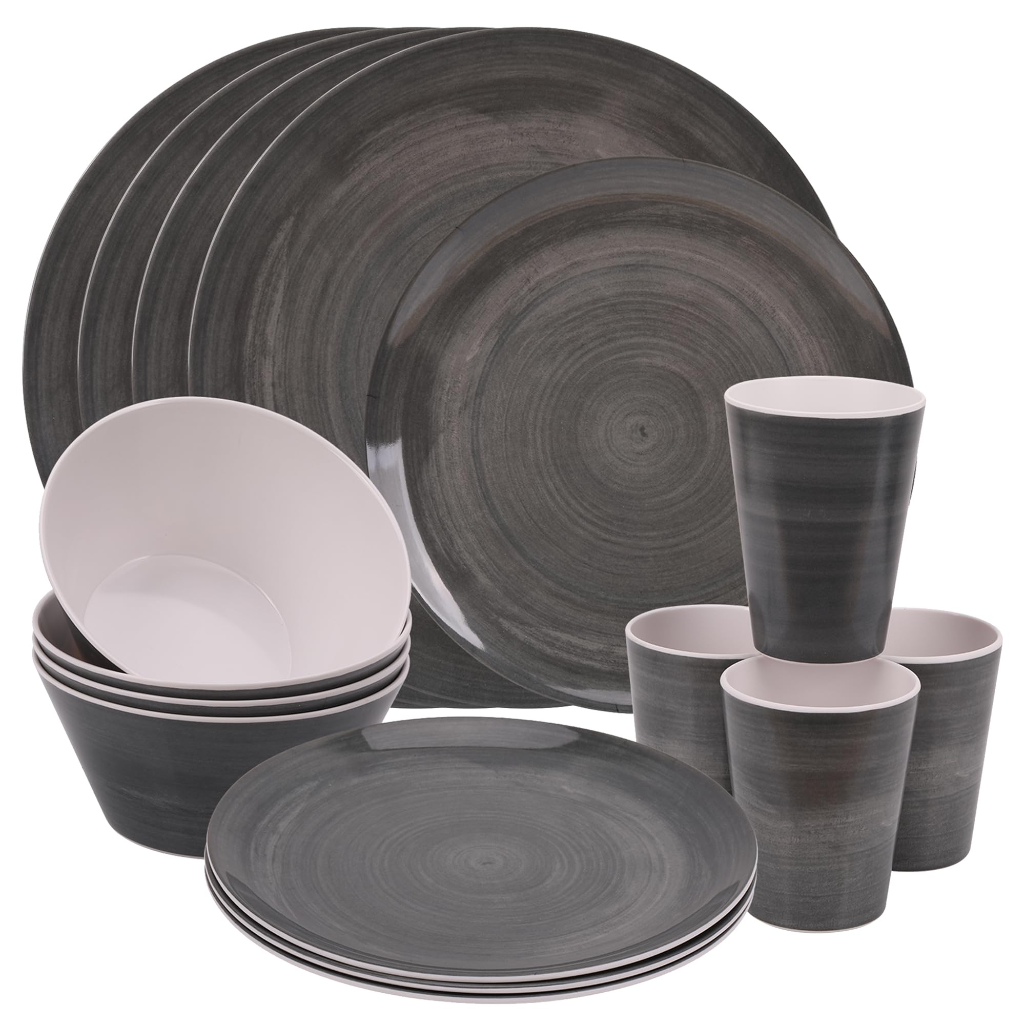 WedDecor Melamine Dinnerware Sets for 4 People for Indoor Outdoor BBQ Garden Picnic or Camping, Durable and Lightweight Melamine Dinner Set with Swirl Design Plate Bowl & Cups, Set of 16pcs — image 1