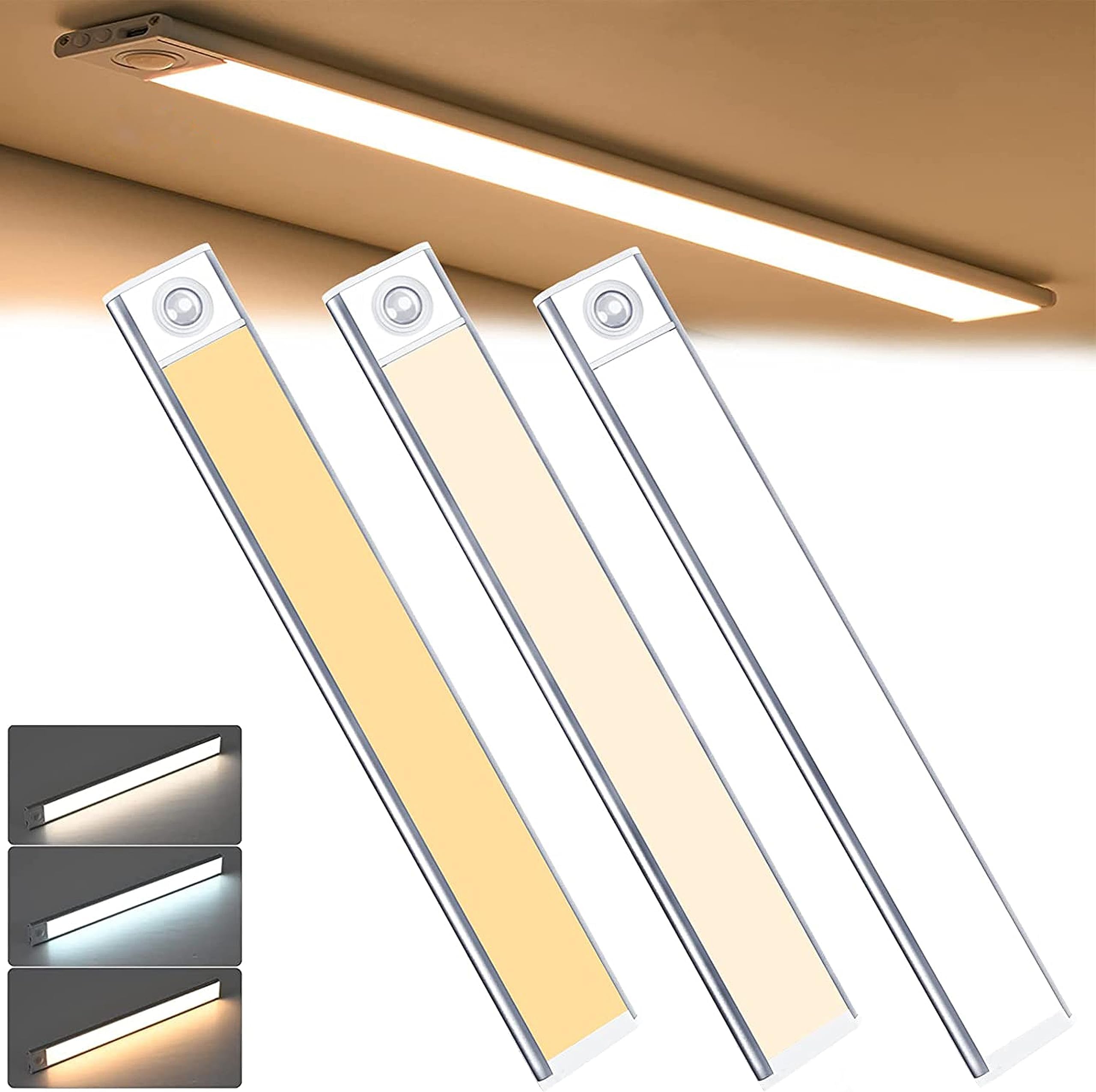 Under-Cabinet Lights, 3 Colors Dimmable Motion Sensor, Rechargeable LED Closet Light, for Kitchen Lighting, Wardrobe Hallway Wall Shelf, Closet, Mirror, Bedside, Bar
