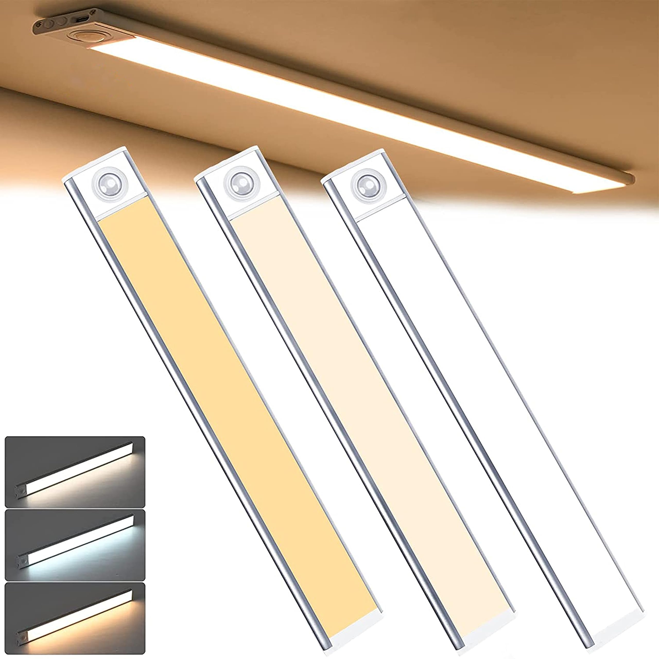 Under-Cabinet Lights, 3 Colors Dimmable Motion Sensor, Rechargeable LED Closet Light, for Kitchen Lighting, Wardrobe Hallway Wall Shelf, Closet, Mirror, Bedside, Bar