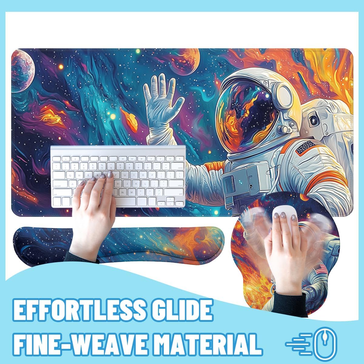 Cosmic Astronaut Desk Mat Set Colorful Galaxy Art Large Mouse Pad with Wrist Rest 4in1 Desk Mat for Desktop Ergonomic Keyboard Wrist Support Anti-Slip Computer Ergonomic Mouse Pad Home Office Gaming image 4