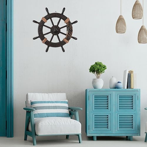 Miniatura 3 de VOSAREA Decoración de rueda náutica, volante de barco rústico, red de pesca, escultura de pared, timón, adorno para colgar, adorno náutico para