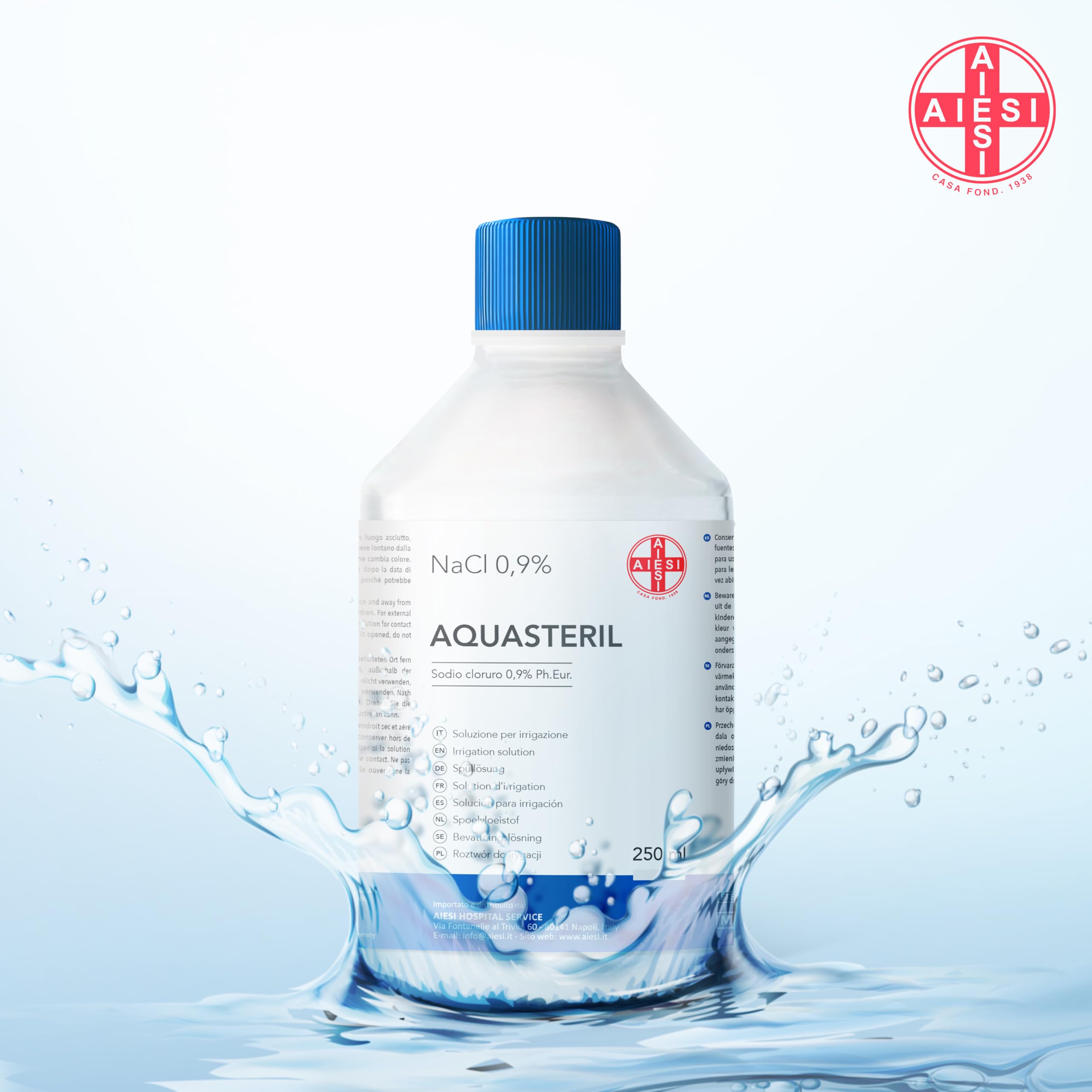 AIESI® Soluzione fisiologica salina (20x250 ml) per lavaggi nasali, aerosol e irrigazione con tappo richiudibile AQUASTERIL, Sodio cloruro 0,9% per cassetta pronto soccorso