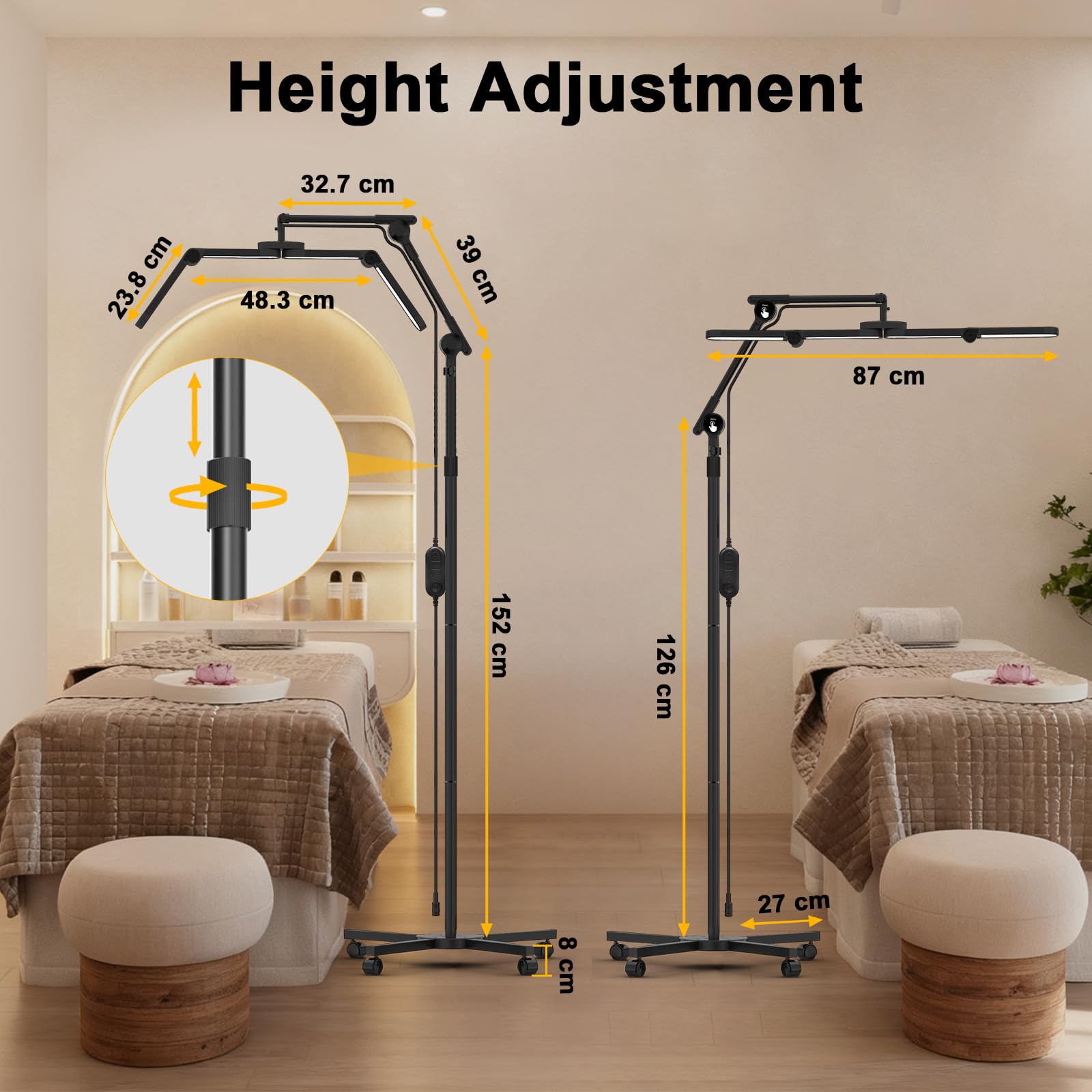 CGBE Lámpara Extensiones Pestañas de Pie: Ultra Ancha Plegable Lámpara Pestañas con Cabezal Giratorio 360° - Base Rodante - Altura Ajustable - Lampara Estetica con Soporte Móvil para Pestañas/Tatuajes