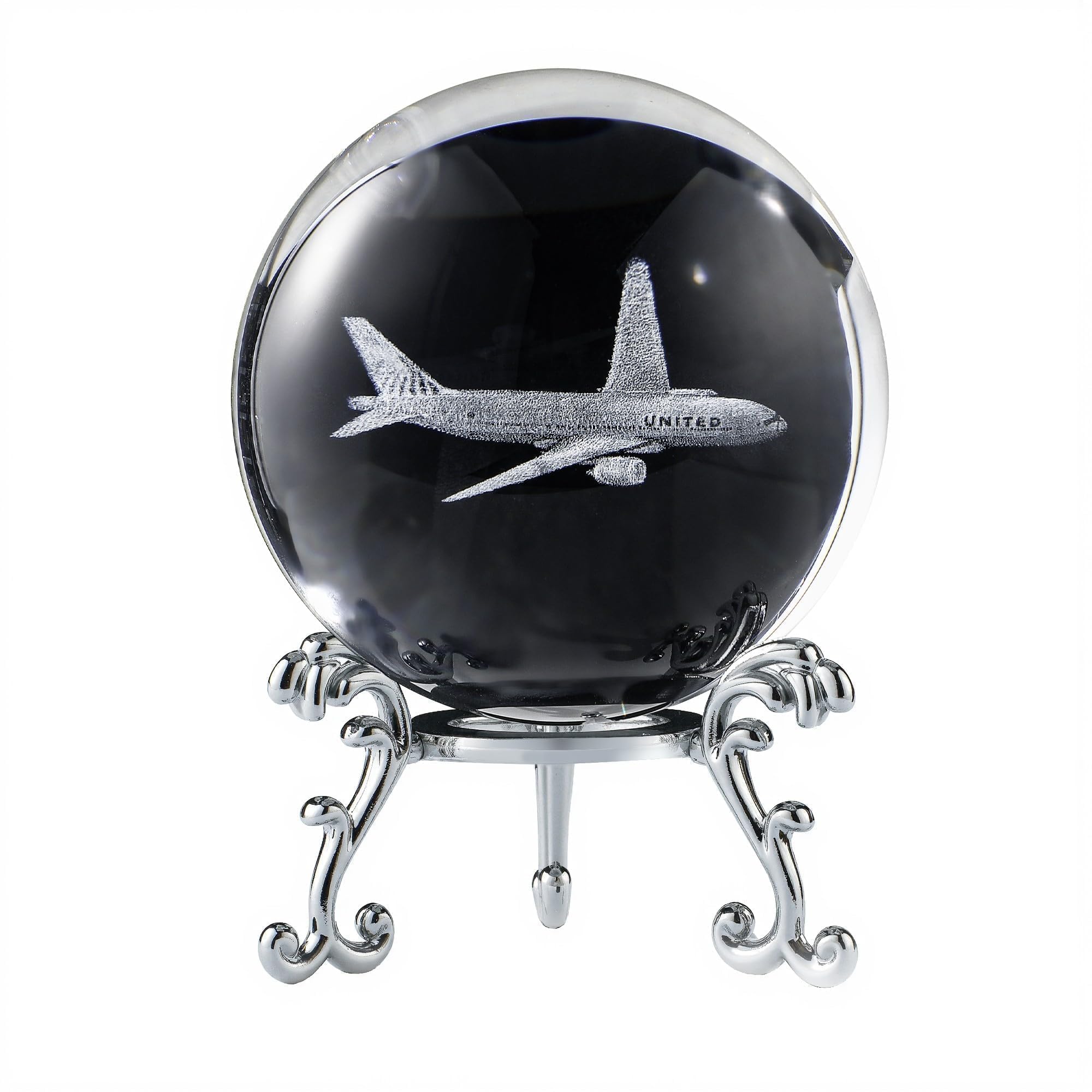 HDCRYSTALGIFTS 60mm 3D Lase Engraved Airplane Crystal Ball with Stand Glass Sphere Plane Paperweight Decor Pilot Gifts for Men Women