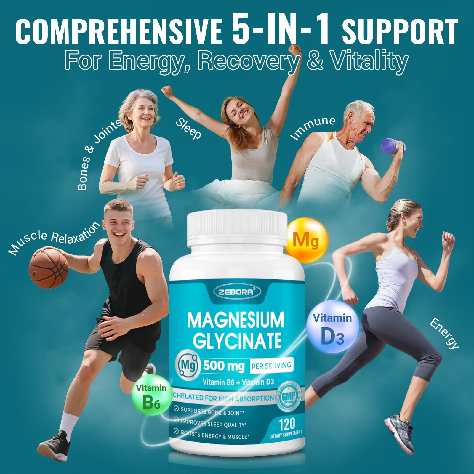 ZEBORA Magnesium Glycinate 500mg with Vitamins B6 & D3, 120 Capsules — Amazon image 3