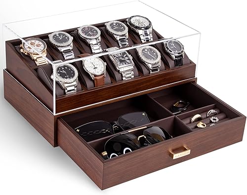 KAMIER Caja de reloj para hombre, 10 ranuras para reloj con tapa de cristal, vitrina de reloj con cajón, organizador de soporte de reloj de 2 capas,