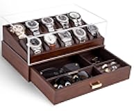 KAMIER Watch Box for Men, 10 Slots Mens Watch Case with Glass Lid, Watch Display Case With Drawer, 2-Layer Watch Holder Organizer, Jewelry and Watch Storage for Men Women, Walnut
