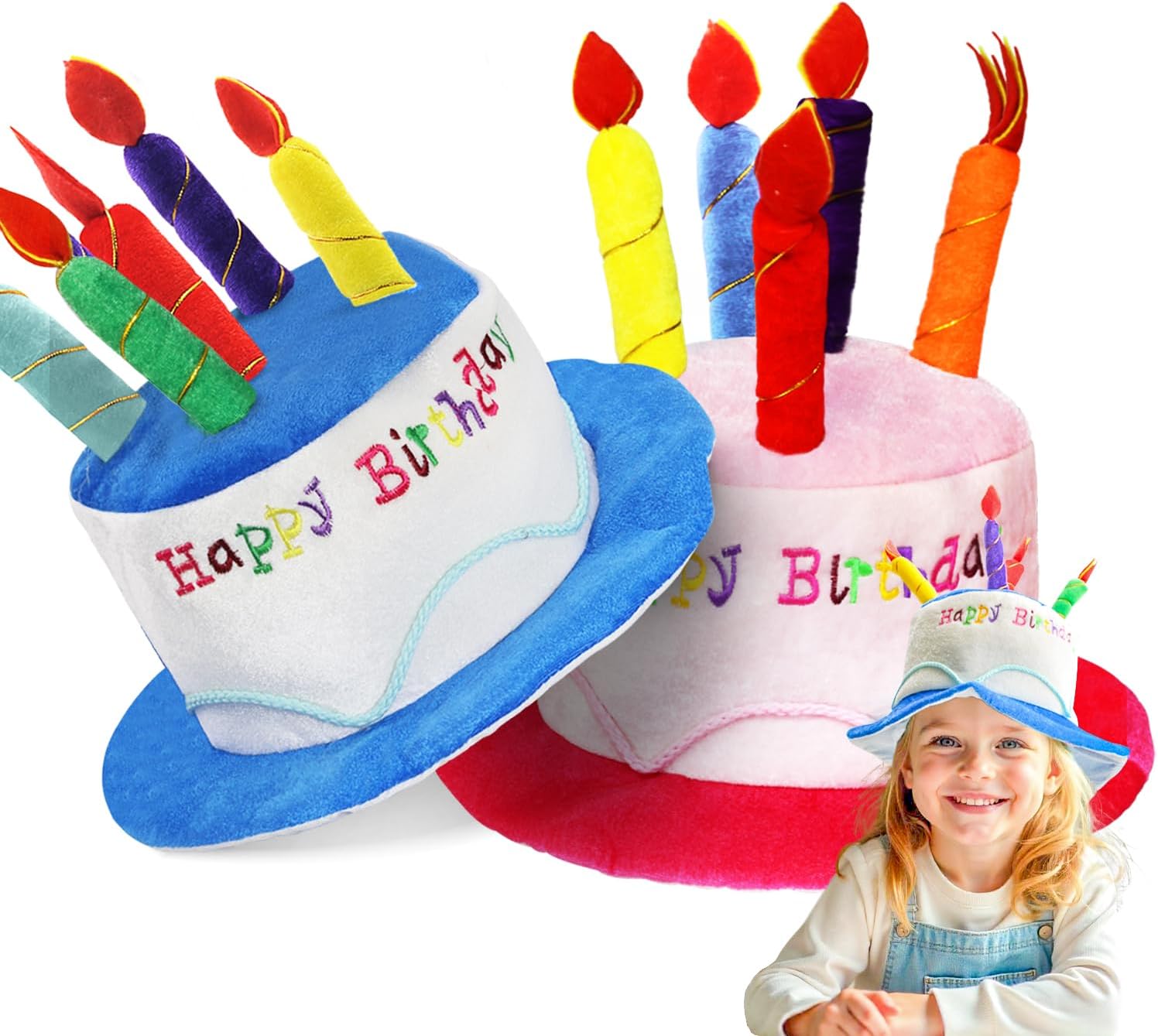 Novelty Place Plush Happy Birthday Cake Hat (2Pcs, Blue & Pink) - Unisex Adult Size Fancy Dress Party Hats - Perfect as Party Favors, Costume Accessories - Cake & 5 Multicolor Candles