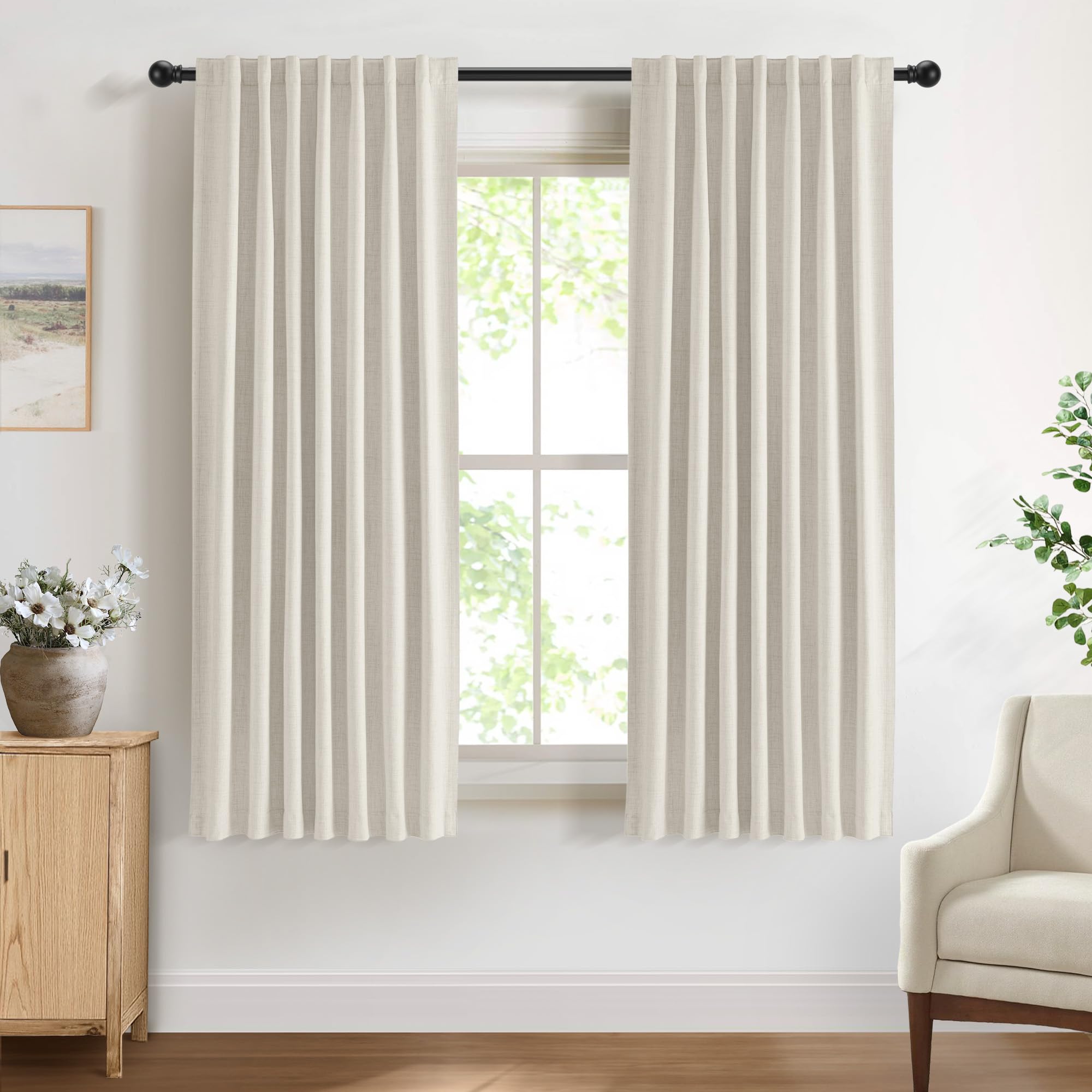 DEFYNEE 100% Blackout Curtains for Bedroom, 50 x 63 Inch Drop, Back Tab/Rod Pocket, Thermal Insulated Curtains with Coating Back Layers, for Room Darkening Privacy Protection, 2 Panels, Beige White — image 1