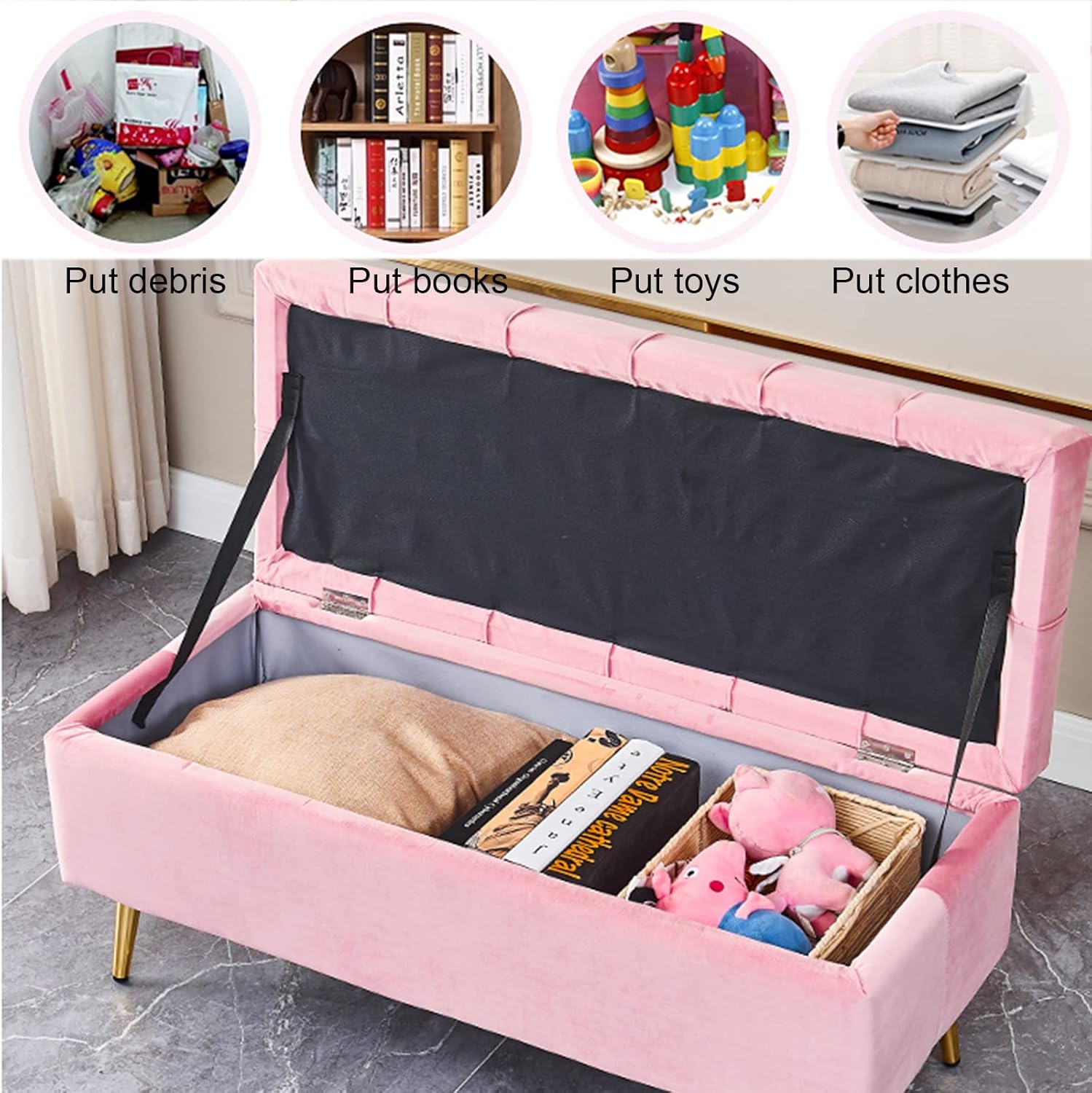 ベルベット＆クリスタルボタン付き オットマン スツール 収納付き 卸売