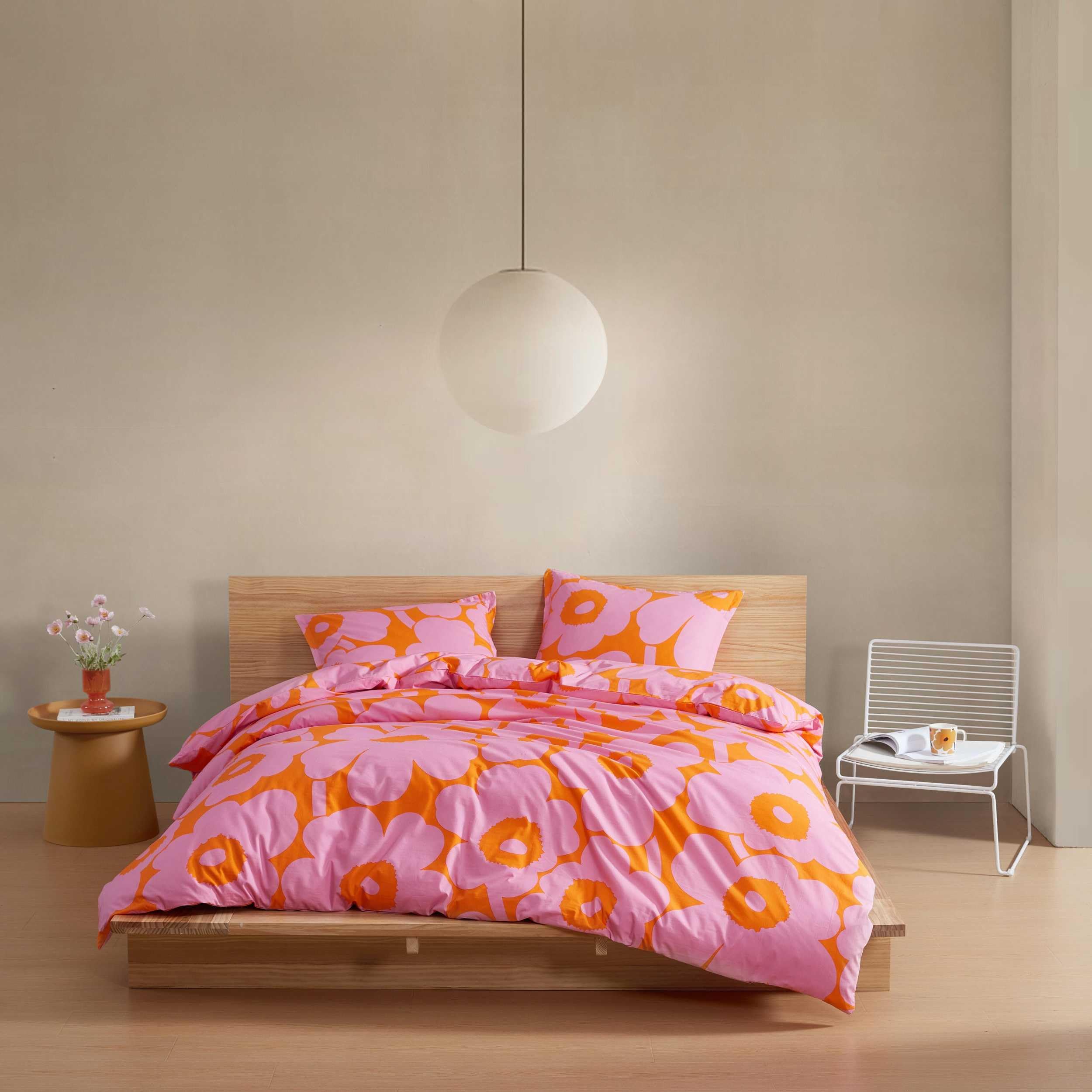 MARIMEKKO - King Duvet Cover Set, Soft Cotton Bedding for Year Round Comfort, 3 Piece Floral Bed Set with Matching Pillowcases (Unikko Pink/Orange)