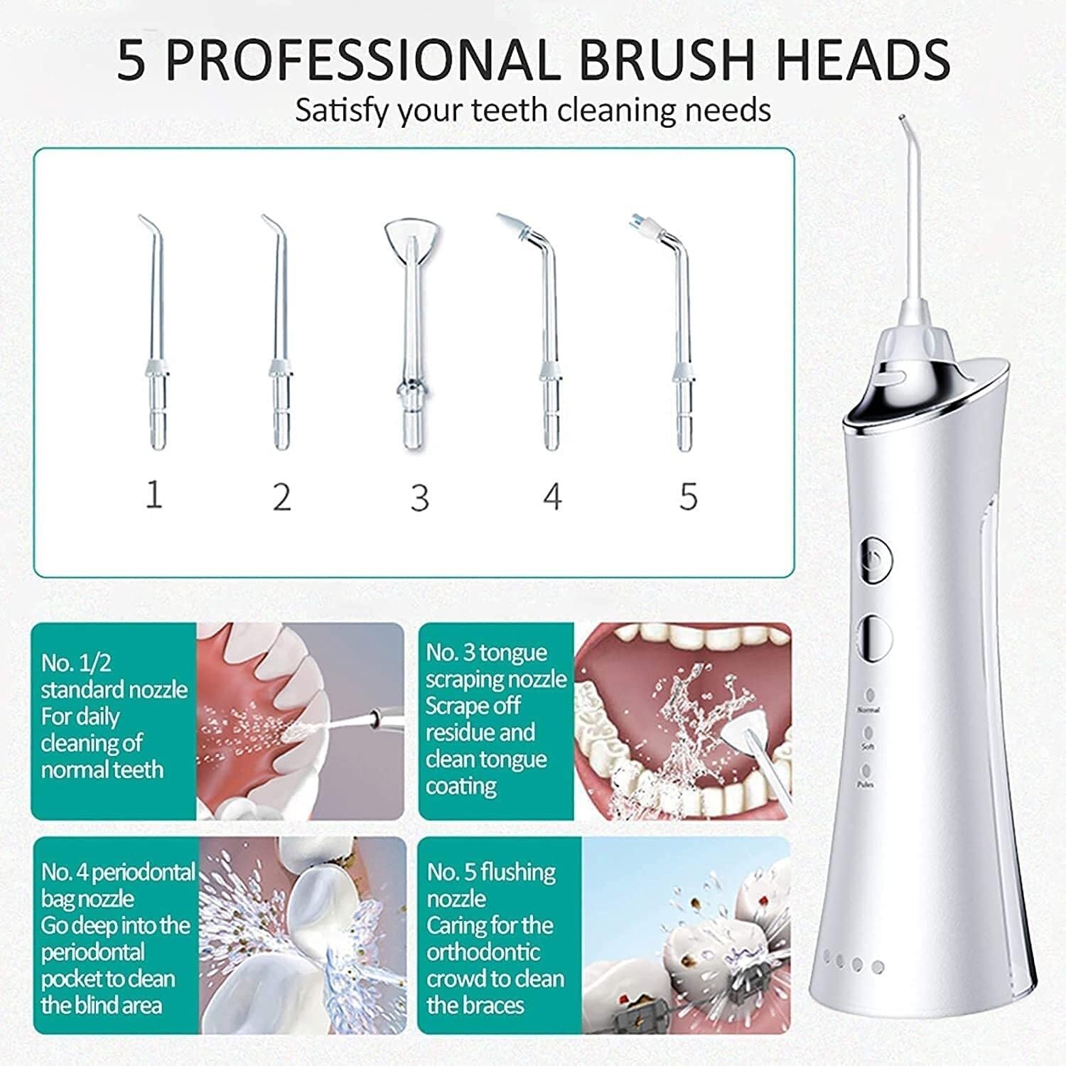 Idropulsore professionale senza fili ricaricabile Irrigatore orale dentale Ultra getto d'acqua for la cura degli apparecchi ortodontici con 5 punte a getto 3 modalità IPX7 Impermeabile Serbatoio dell'