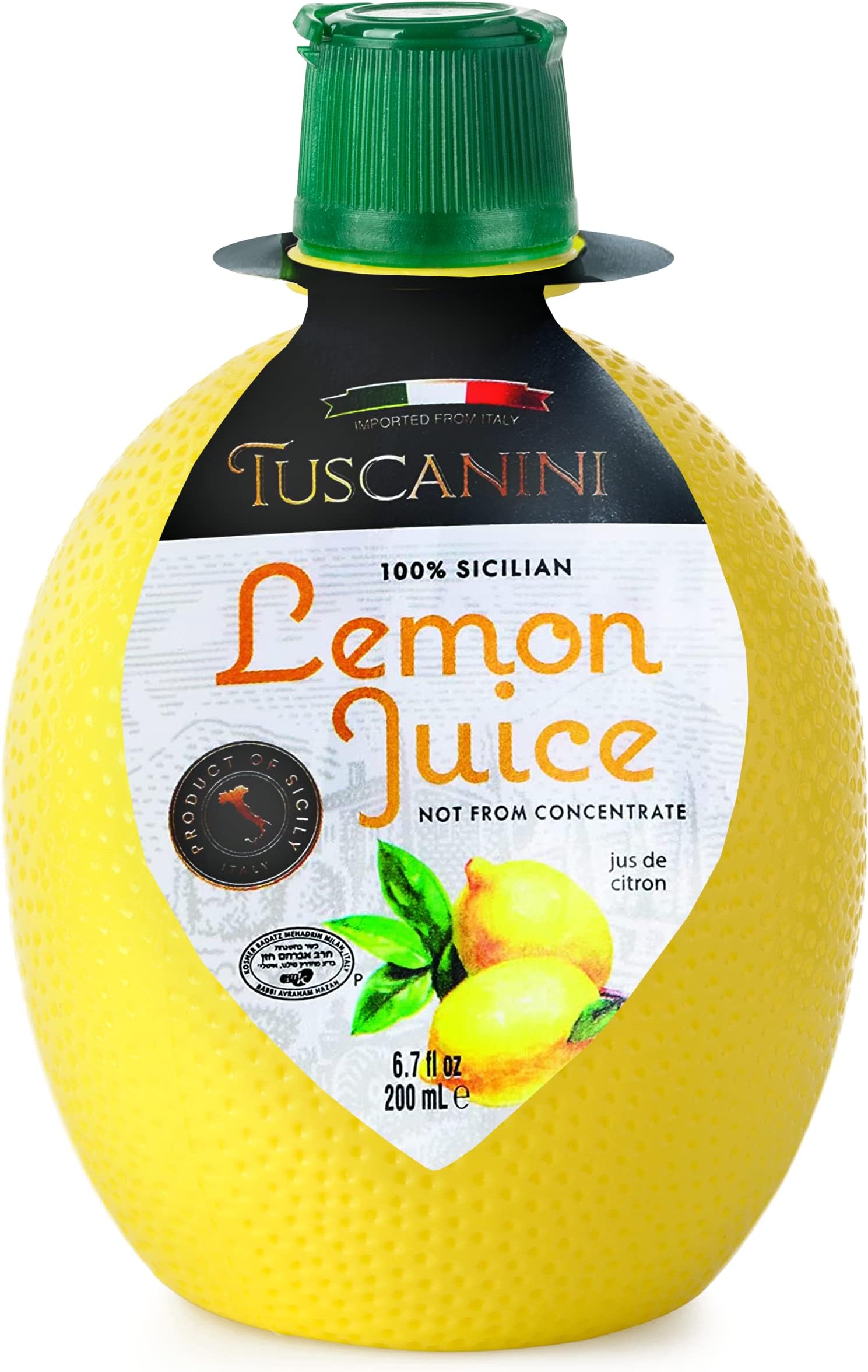 Tuscanini 100% Sicilian Lemon Juice, Not from Concentrate, 6.7oz Lemon Shaped Convenient Squeeze Bottle | No Water Added | Product of Italy | Certified Kosher (Including Passover)