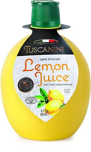 Tuscanini 100% jugo de limón siciliano, no de concentrado, botella de 6.7 onzas en forma de limón conveniente  Sin agua añadida  Producto de Italia