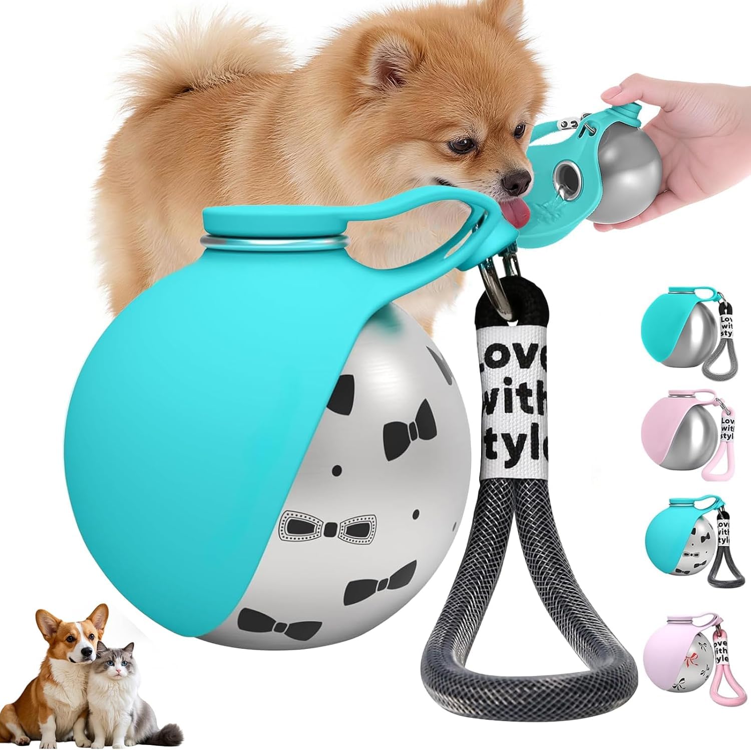 SANJSJHXJ Foldable Pet Water Bottle for Hikes, 285ml Stainless Steel Dog Water Bottles for Walking, Portable Dog Water Bowl Combo,blue with print