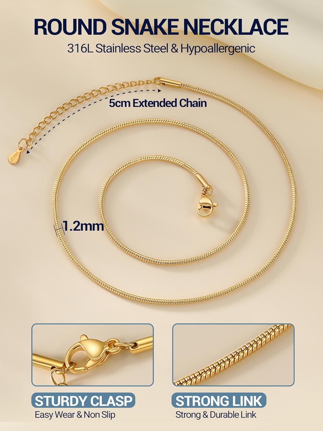 PROSTEEL Round Snake Chain Necklace for Women, 14K Gold/Rose Gold/Silver/Black Chain with Lobster Clasp, 1MM/1.2MM/1.5MM/2MM Womens Gold Necklace Thin Non Tarnish Trendy Jewlry Gifts - Image 4