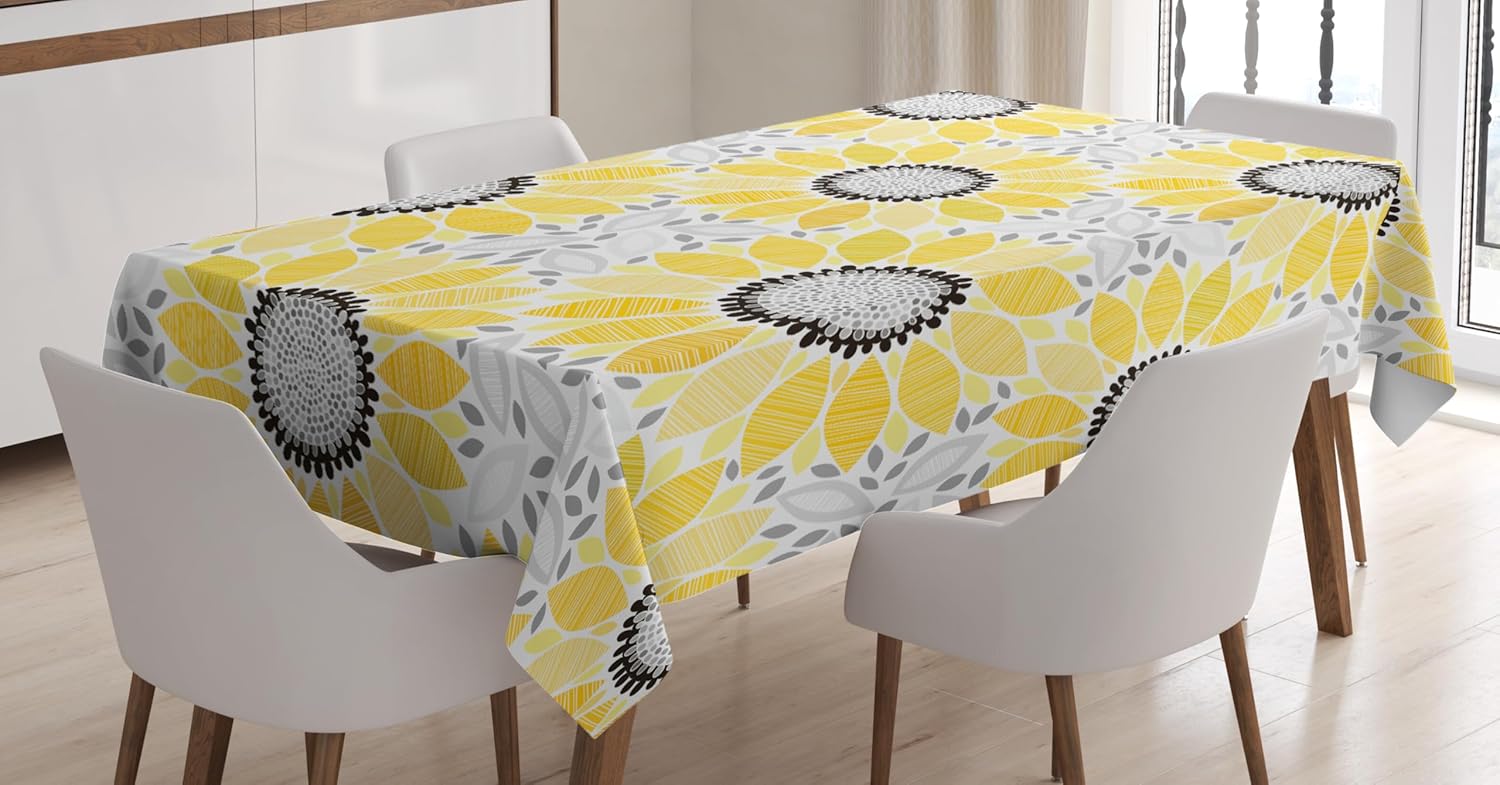 Ambesonne Yellow Tablecloth, Colorful Illustration of Sun Flower with Motifs and Patterns Summer Nature Artprint, Rectangular Table Cover for Dining Room Kitchen Decor, 60" X 90", Yellow Gray