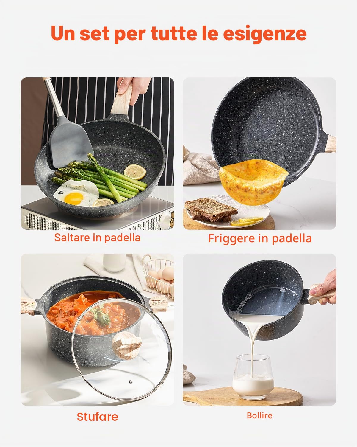 VEVOR Set di Pentole, Padelle Antiaderenti in Granito con Manico, Set di Pentole a Induzione da Cucina per Camper, con Frittura, Coperchi in Vetro Temperato, Nero 19 Pezzi