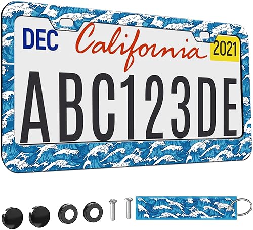 Miniatura 10 de 2 piezas Marco de matrícula azul con diseño de bosque montañoso para mujeres, marcos de etiqueta decorativa de coche azul montañoso para chicas,