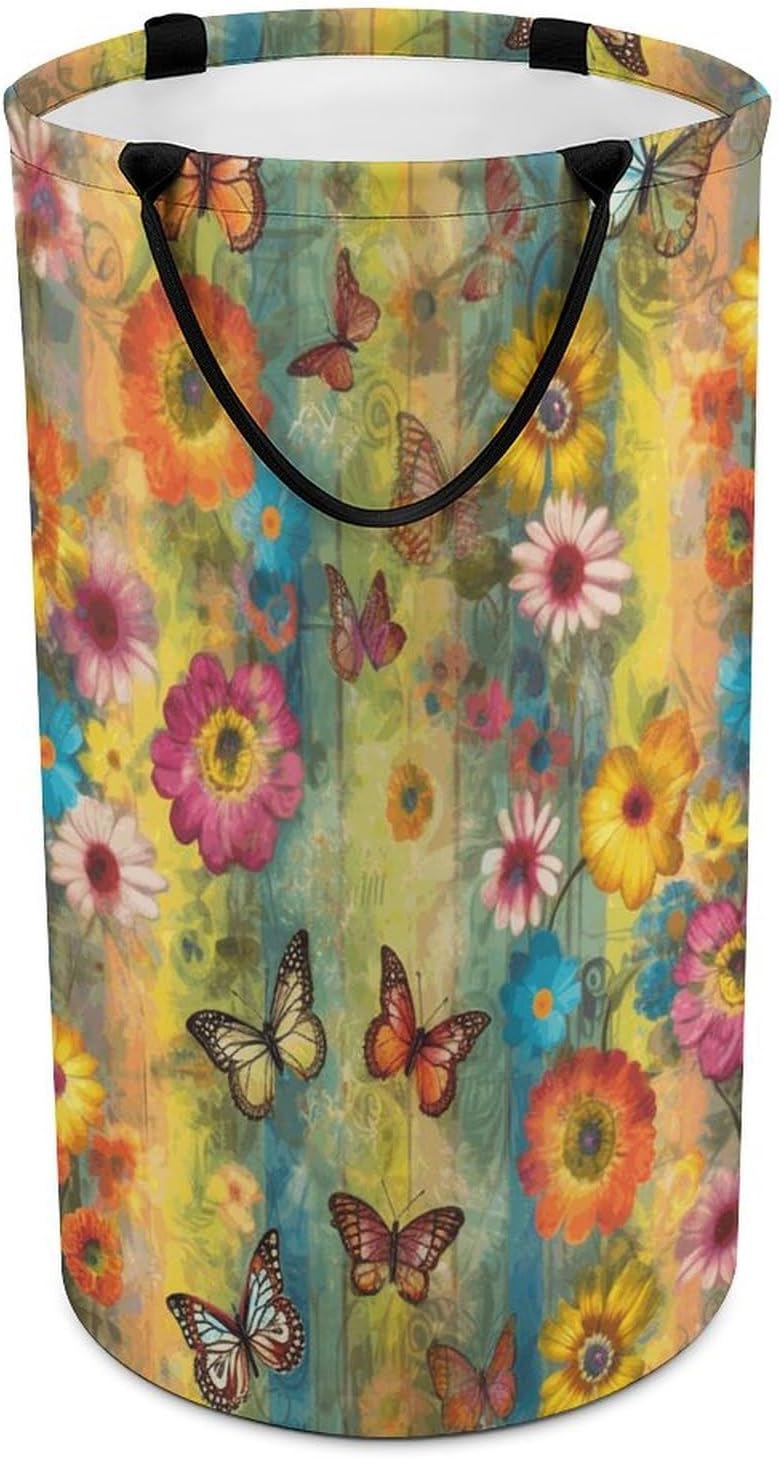 Large Laundry Basket Collapsible Laundry Hamper Waterproof Foldable Washing Bin Clothes Bag Flowers And Butterflies Freestanding Dirty Clothes Hampers for Laundry, Bedroom, Dorm