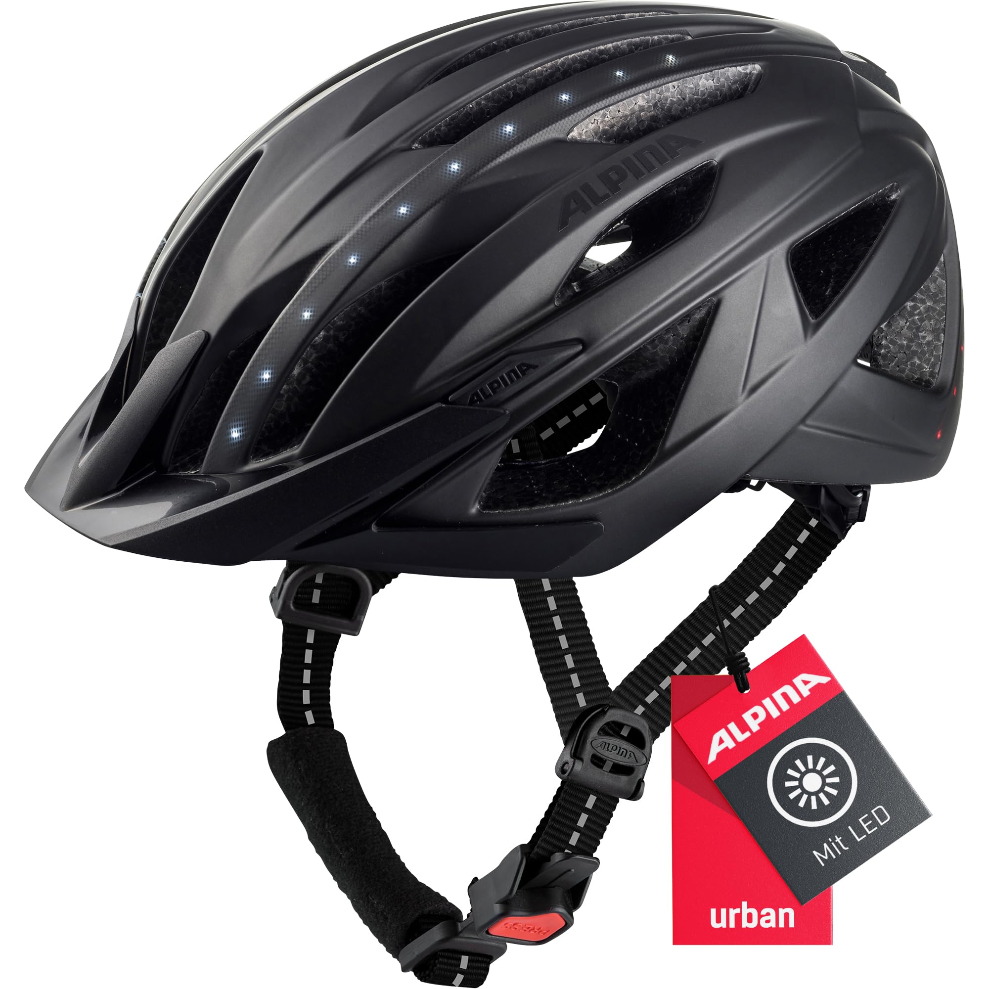 Alpina Haga Led City-Fahrradhelm, Black matt, 51-56 cm | inkl. LED-Licht - individuelle Größenanpassung - leichte Inmold-Bauweise - optimale Belüftung