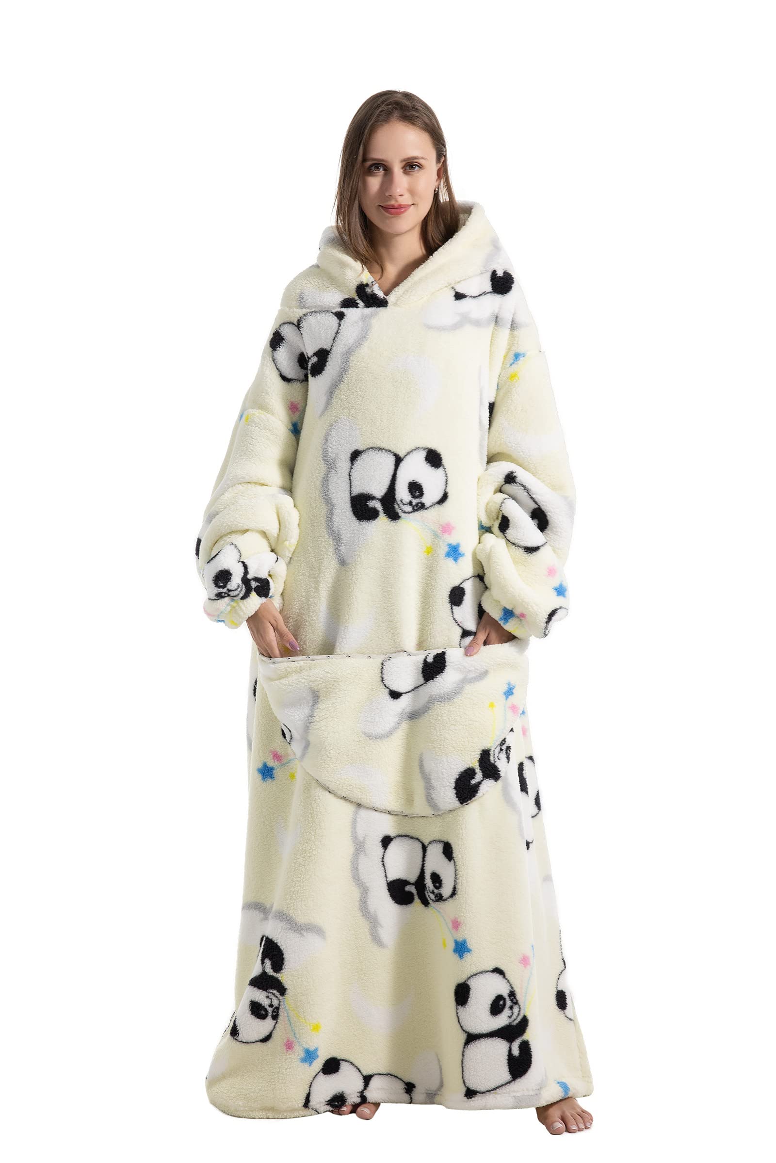 Pterygoid Extra Long Oversized Blanket Hoodie,Hooded Wearable Blanket with Sleeves for Women and Men,Soft Fleece Wearable Throw Giant Sweatshirt Adult with Pocket,Panda in White,Panda on Cloud