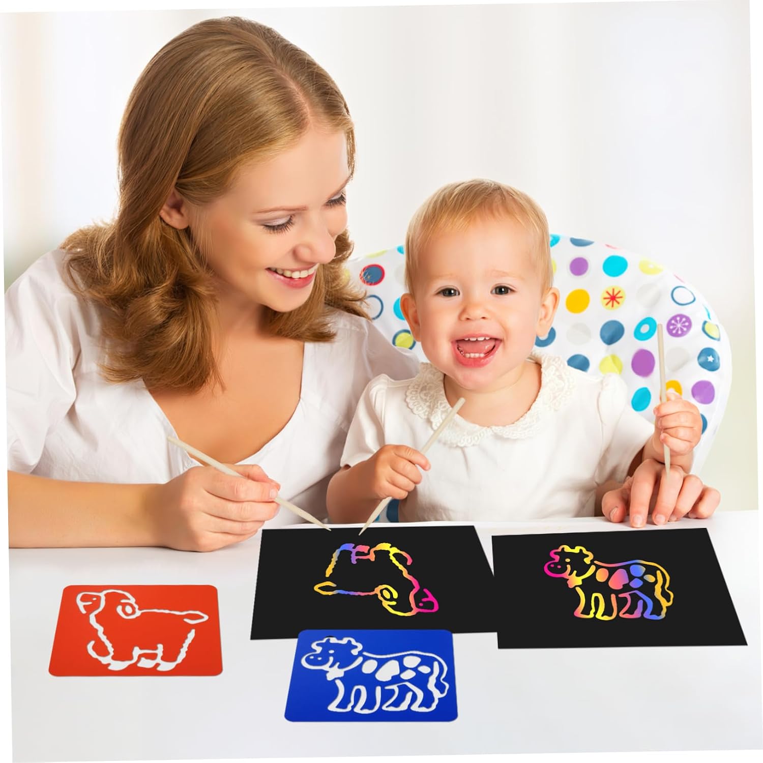 Scratch Painting Set Rainbow Watercolor Paper Wood Pens for Boys and DIY Scratch Cards Paper Art