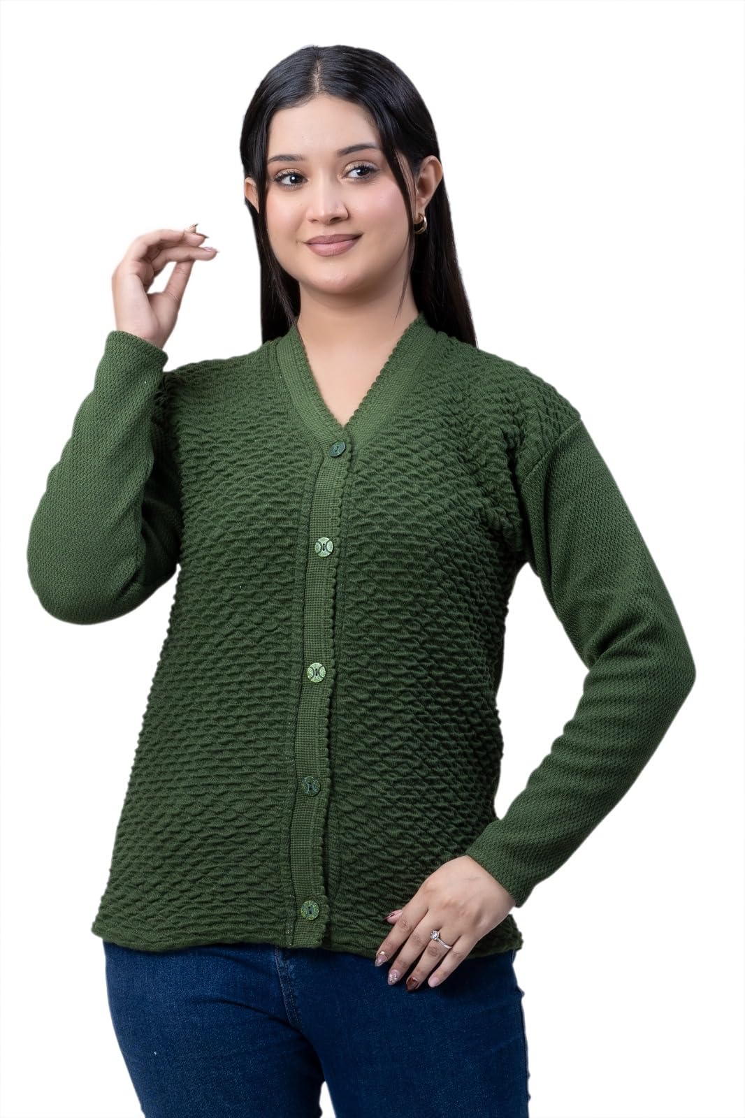 woolvella Women Stylish Cardigan Sweater V Neck Long Sleeves Women Sweater Cardigan (Dark Green)-picture-56