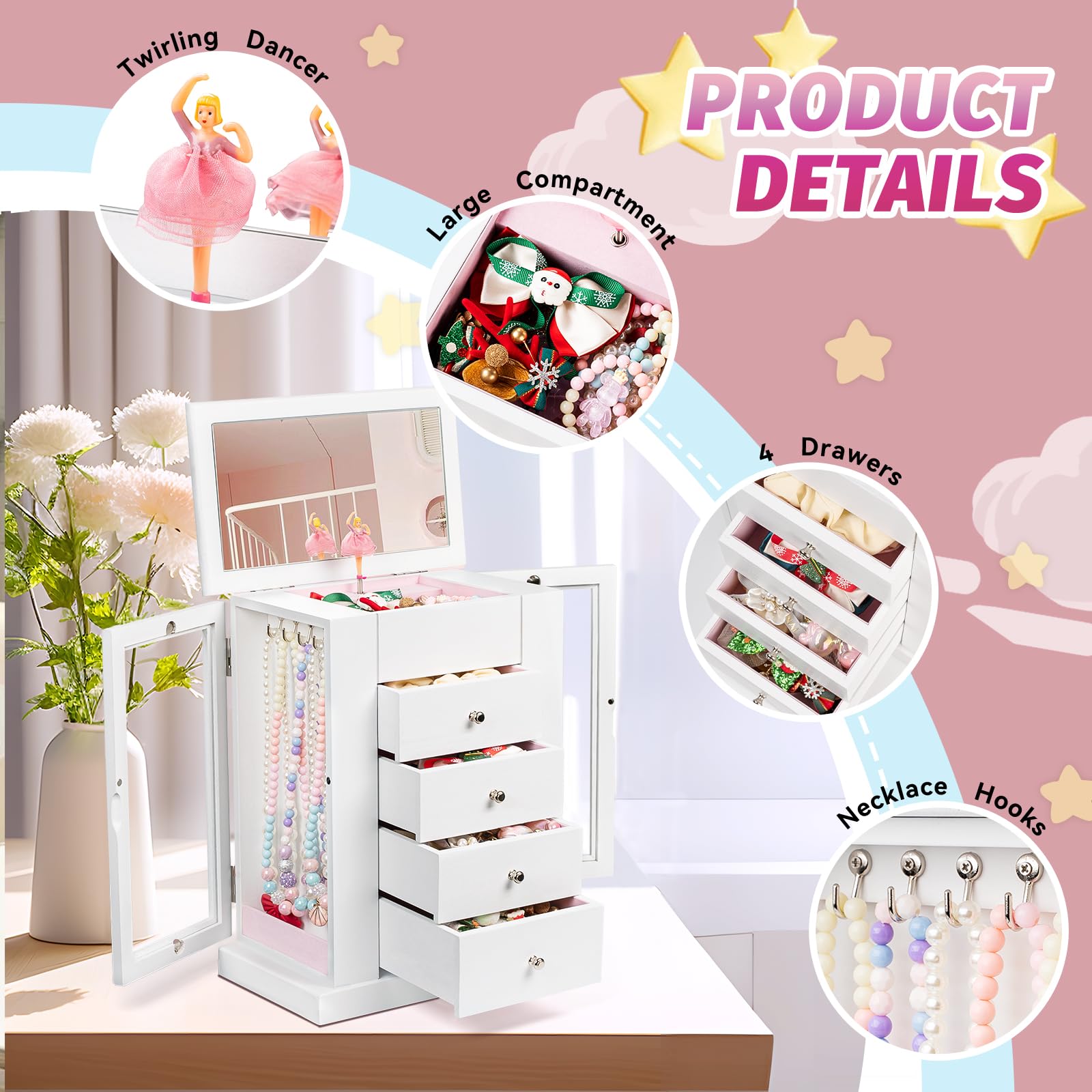 Joyero Musical Niña Madera Bailarina Giratoria 5 Niveles Regalo Blanco