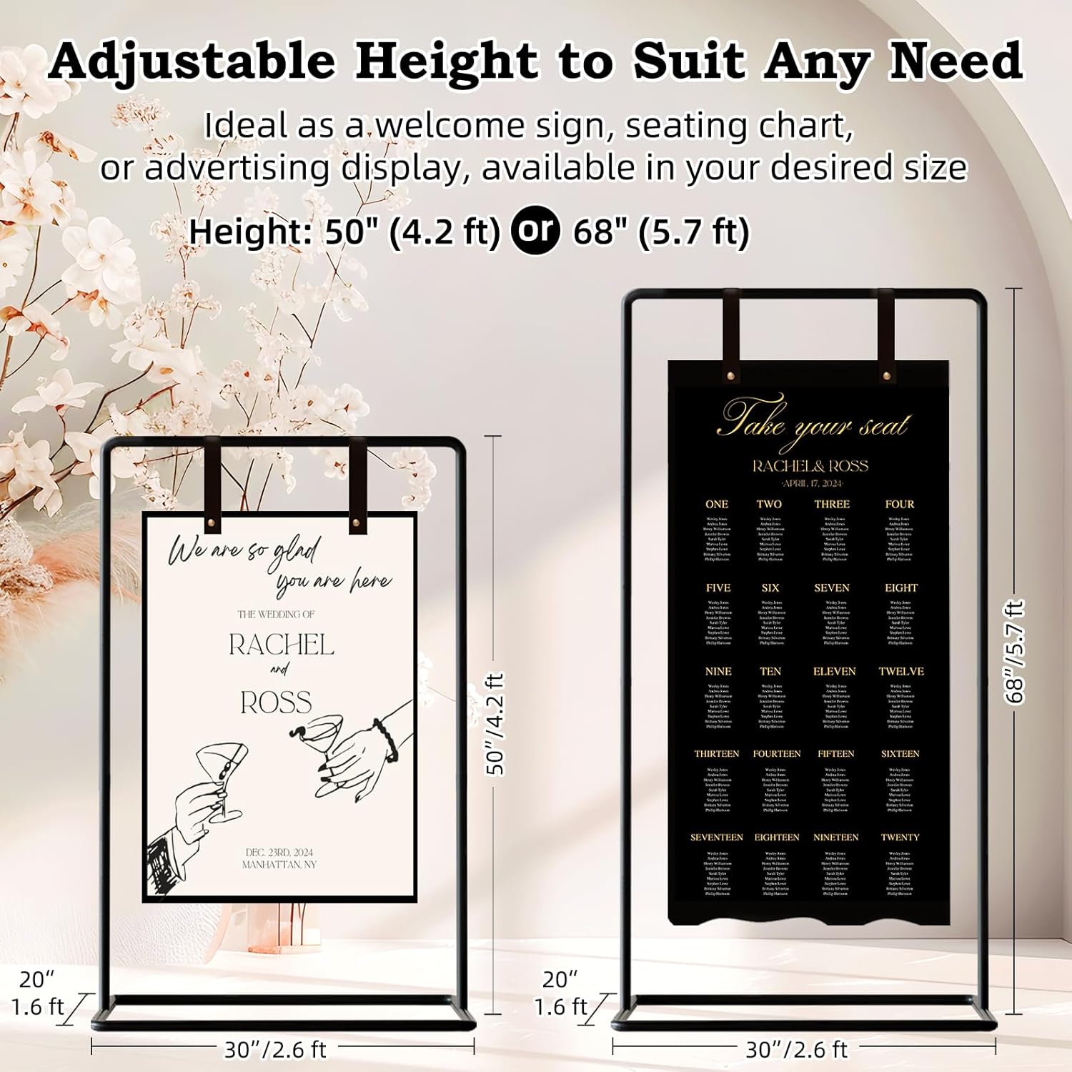 Wedding Sign Holder, Adjustable Welcome to Our Wedding Sign Stand W/Design Bundle & Leather Sign Hanging Straps, Heavy Duty Easel Stand for Sign, Wedding Seating Chart Stand, Easel for Display (Black)