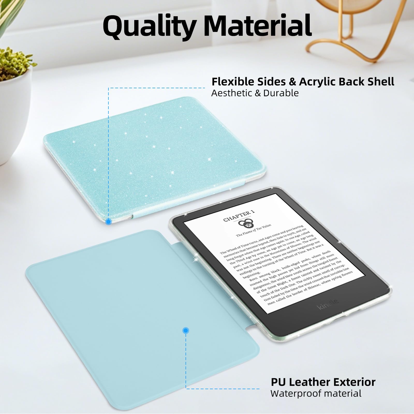 Custodia glitterata per Kindle da 6 pollici di 11a generazione 2024/2022, custodia in pelle PU leggera e guscio posteriore rigido trasparente, con funzione sleep/wake automatica, blu