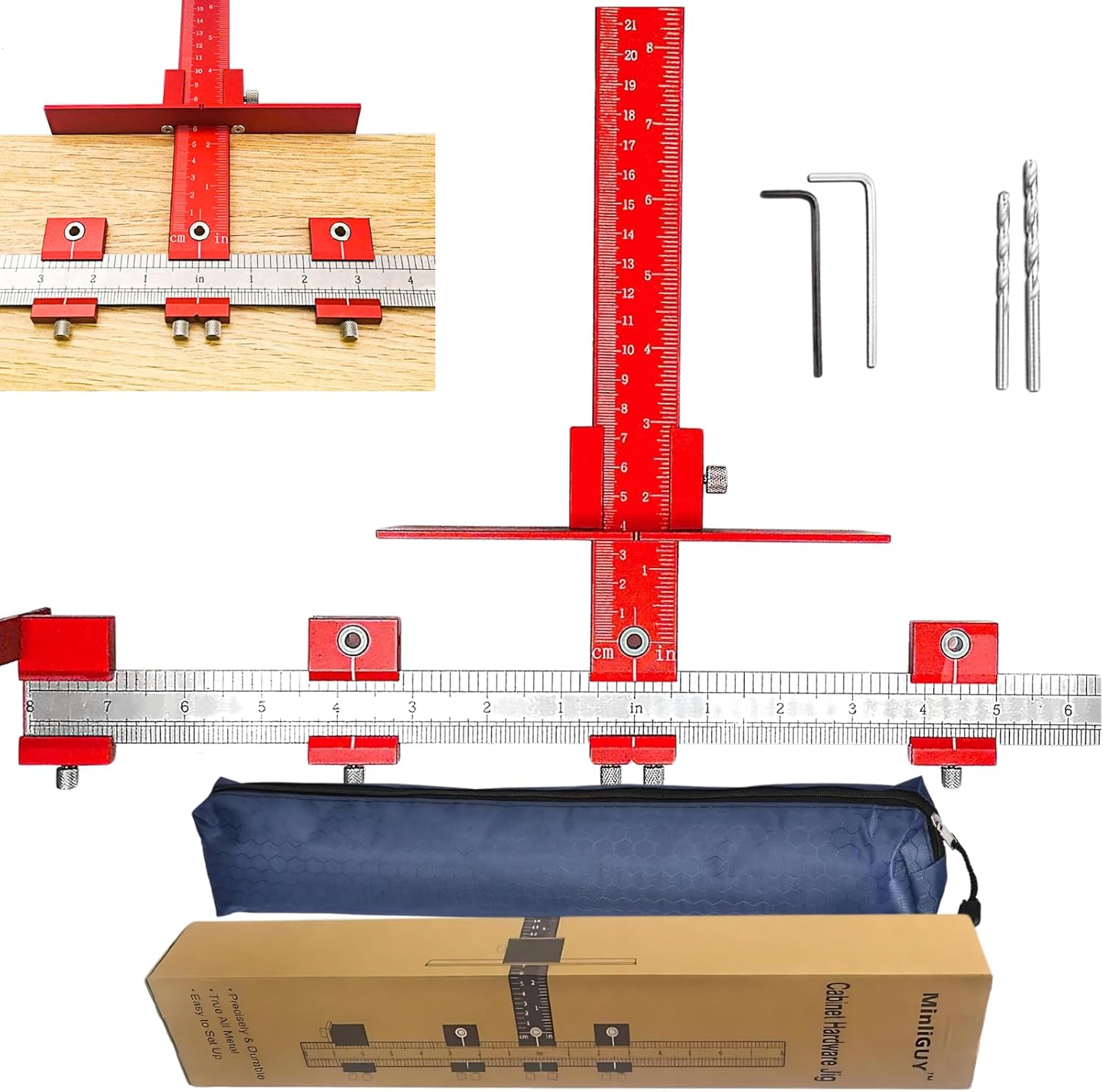 Cabinet Handle Jig, Hole Drilling Template for Pulls/Knobs/Handles Installation on Cabinet Door & Drawer, All Metal Tool for Drawers Front Hardware Mounting, with Φ5mm& Φ4mm Drill Guide