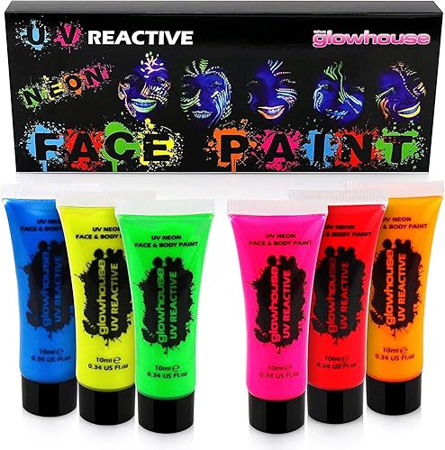 The Glowhouse Juego de pintura facial y pintura corporal de neón UV (paquete de 6) fluorescente brillante que brilla bajo los rayos ultravioleta
