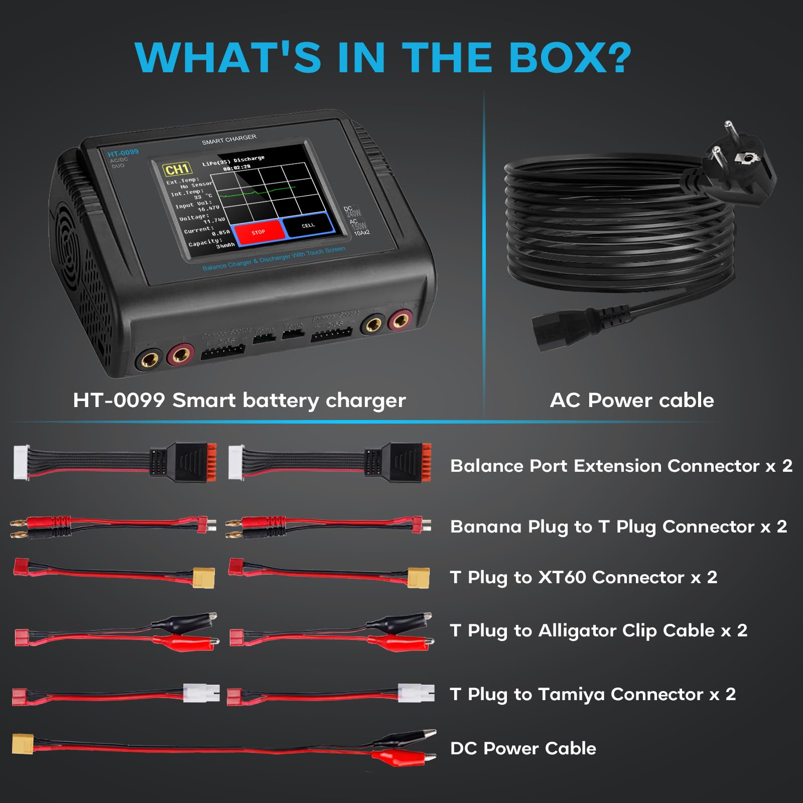 HTRC Lipo Ladegerät Duo & Entlader, RC Akku Ladegerät 150W AC 240W DC mit Balancer, Lipo Charger 10A für LiPo, Life, LiHV, Li-Ion, NiMH, NiCD, PB Batterien und RC-Auto/Boot, Airsoft Akkus