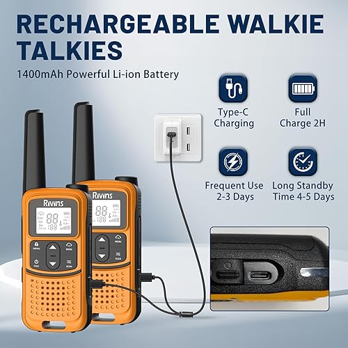 Miniatura 3 de Radios Walkie Talkies de largo alcance Rivins F22 Walkie Talkies recargables para adultos, NOAA, batería de 1400 mAh, cable USB-C, linterna, VOX,